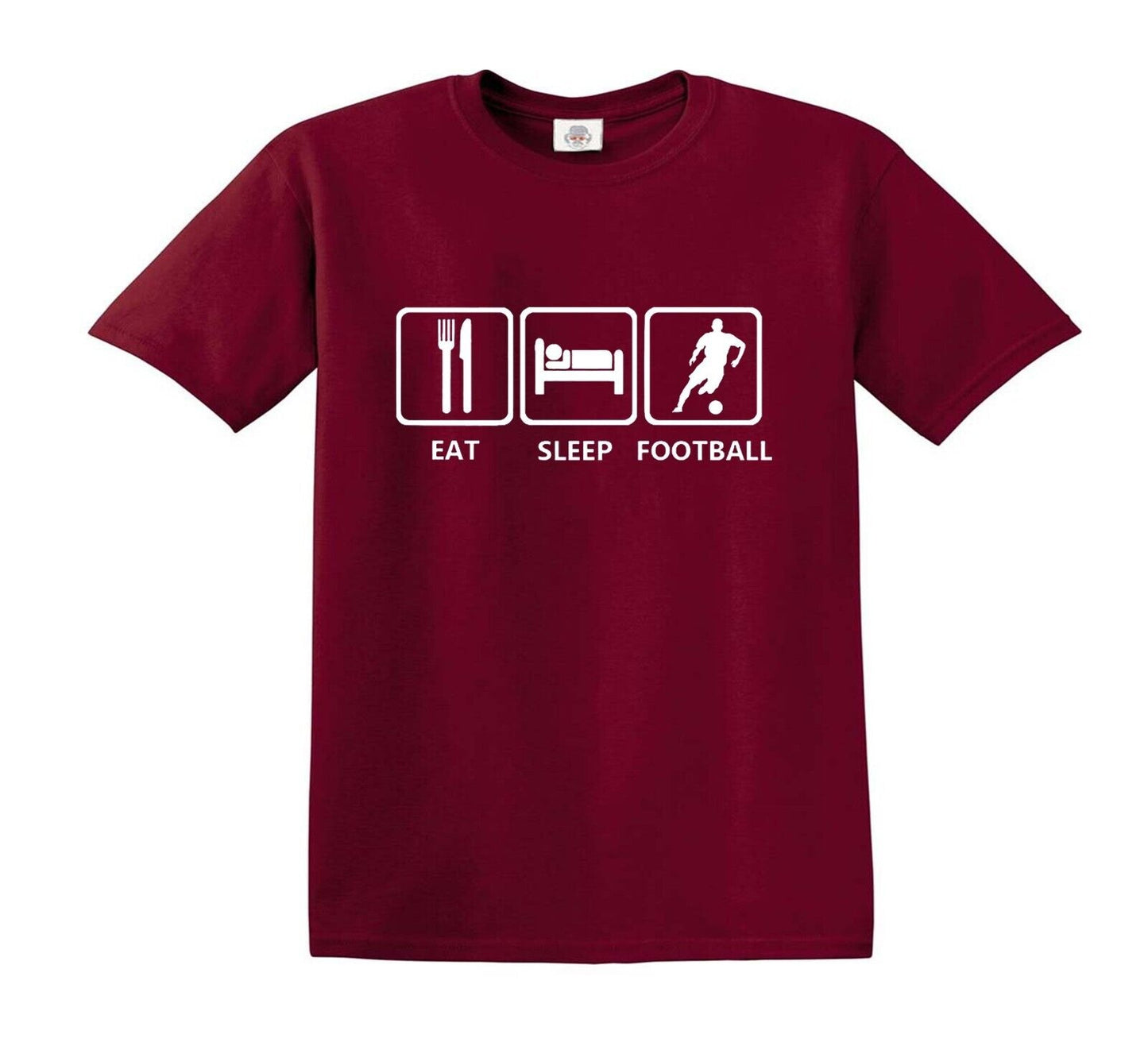 EAT SLEEP FOOTBALL SOCCER FAN | KID'S T-SHIRT MAROON T-SHIRT WHITE PRINT EAT SLEEP FOOTBALL SOCCER FAN | KID'S T-SHIRT