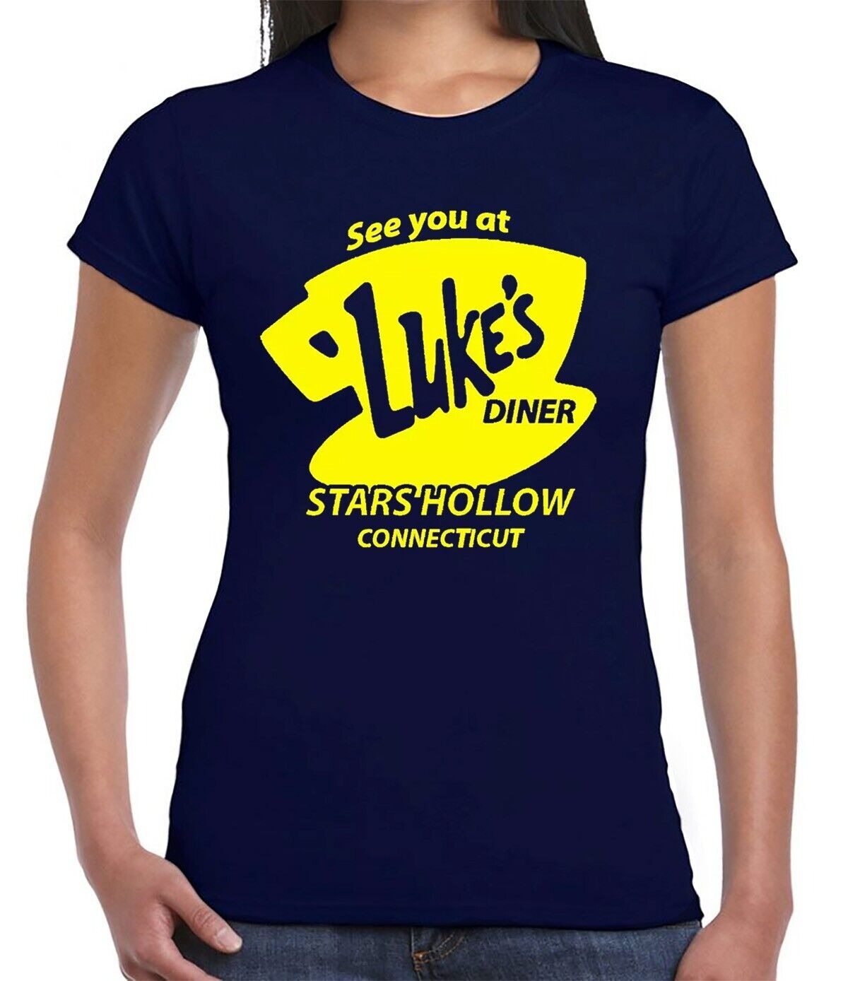 Luke's Diner T-Shirt Funny Retro Ladies NAVY T-SHIRT YELLOW PRINT Luke's Diner T-Shirt Funny Retro Ladies