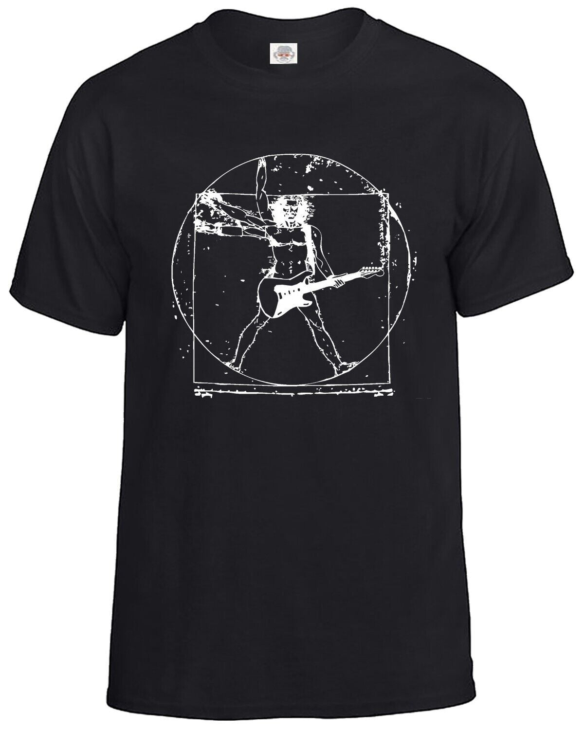 VITRUVIAN MAN GUITAR ROCK STAR | FUNNY MEN'S T-SHIRT BLACK T-SHIRT WHITE PRINT VITRUVIAN MAN GUITAR ROCK STAR | FUNNY MEN'S T-SHIRT