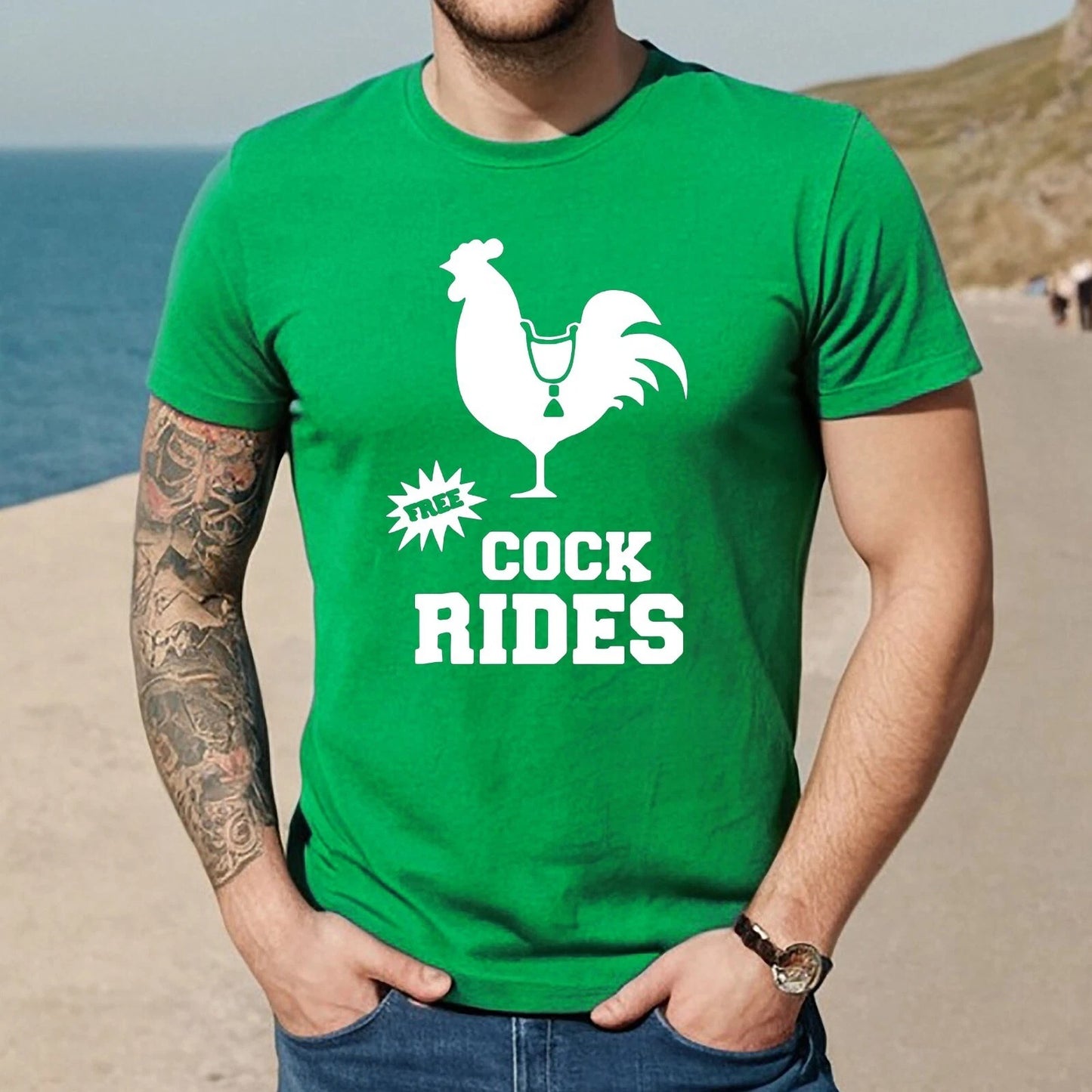 FREE COCK RIDES COCK PRINT | FUNNY MEN'S T-SHIRT IRISH GREEN T-SHIRT WHITE PRINT FREE COCK RIDES COCK PRINT | FUNNY MEN'S T-SHIRT