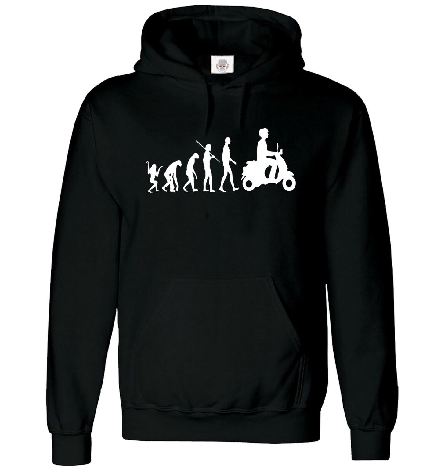 Evolution Of Vespa Scooter Hoody Sweatshirt BLACK HOODY WHITE PRINT Evolution Of Vespa Scooter Hoody Sweatshirt