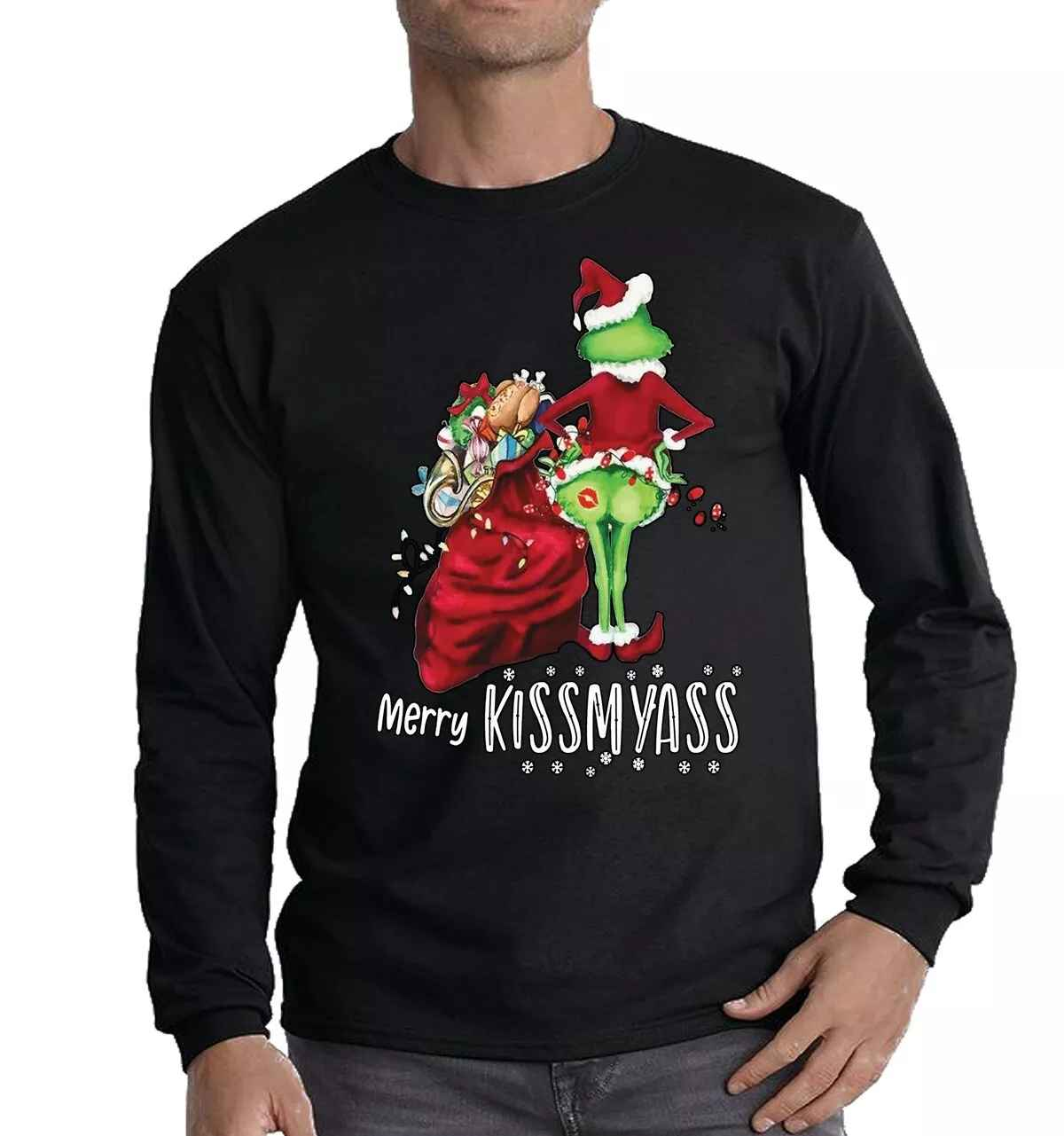Merry Kissmyass Christmas Shirt Men's Long Sleeve T-Shirt with Santa Design Merry Kissmyass Christmas Shirt Men's Long Sleeve T-Shirt with Santa Design