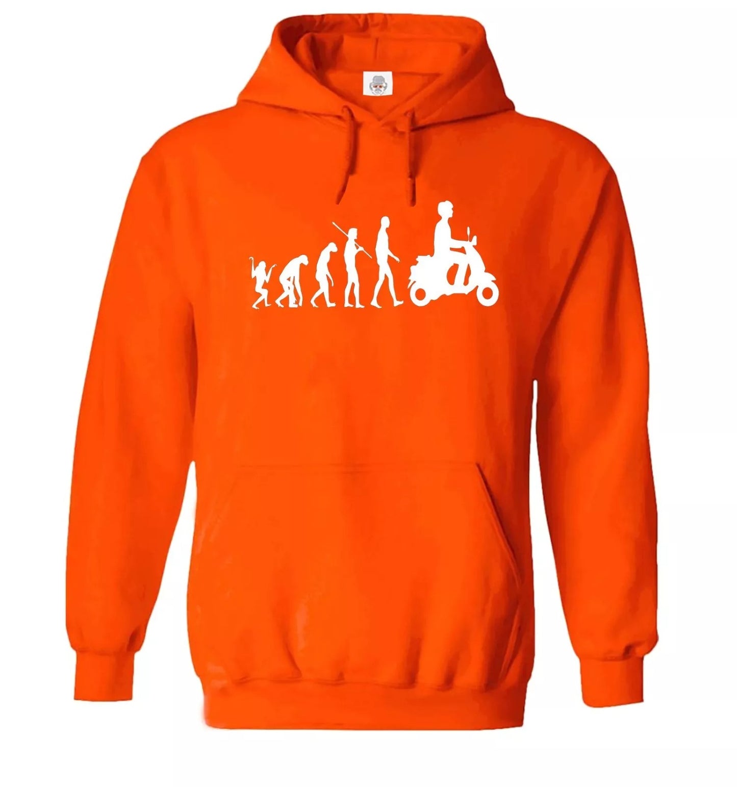 Evolution Of Vespa Scooter Hoody Sweatshirt ORANGE HOODY WHITE PRINT Evolution Of Vespa Scooter Hoody Sweatshirt