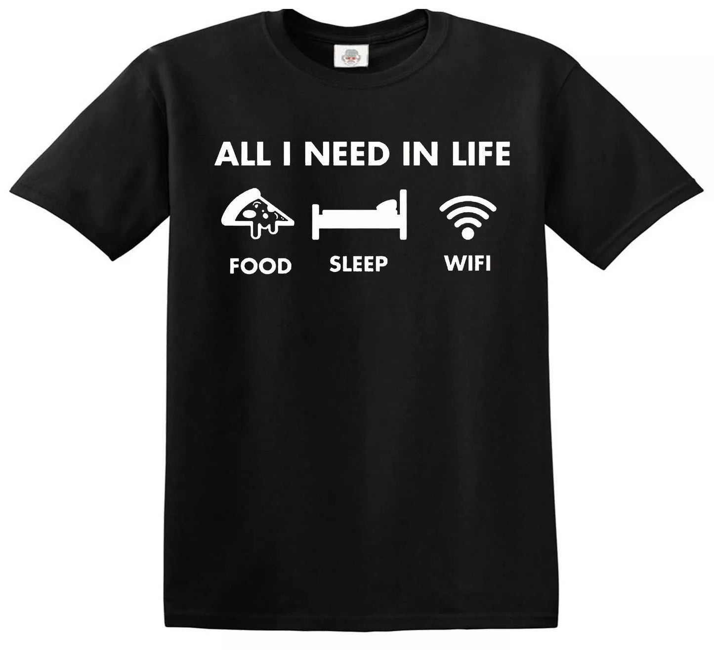 All I Need in Life Food Sleep WiFi | KID'S T-SHIRT BLACK T-SHIRT WHITE PRINT All I Need in Life Food Sleep WiFi | KID'S T-SHIRT