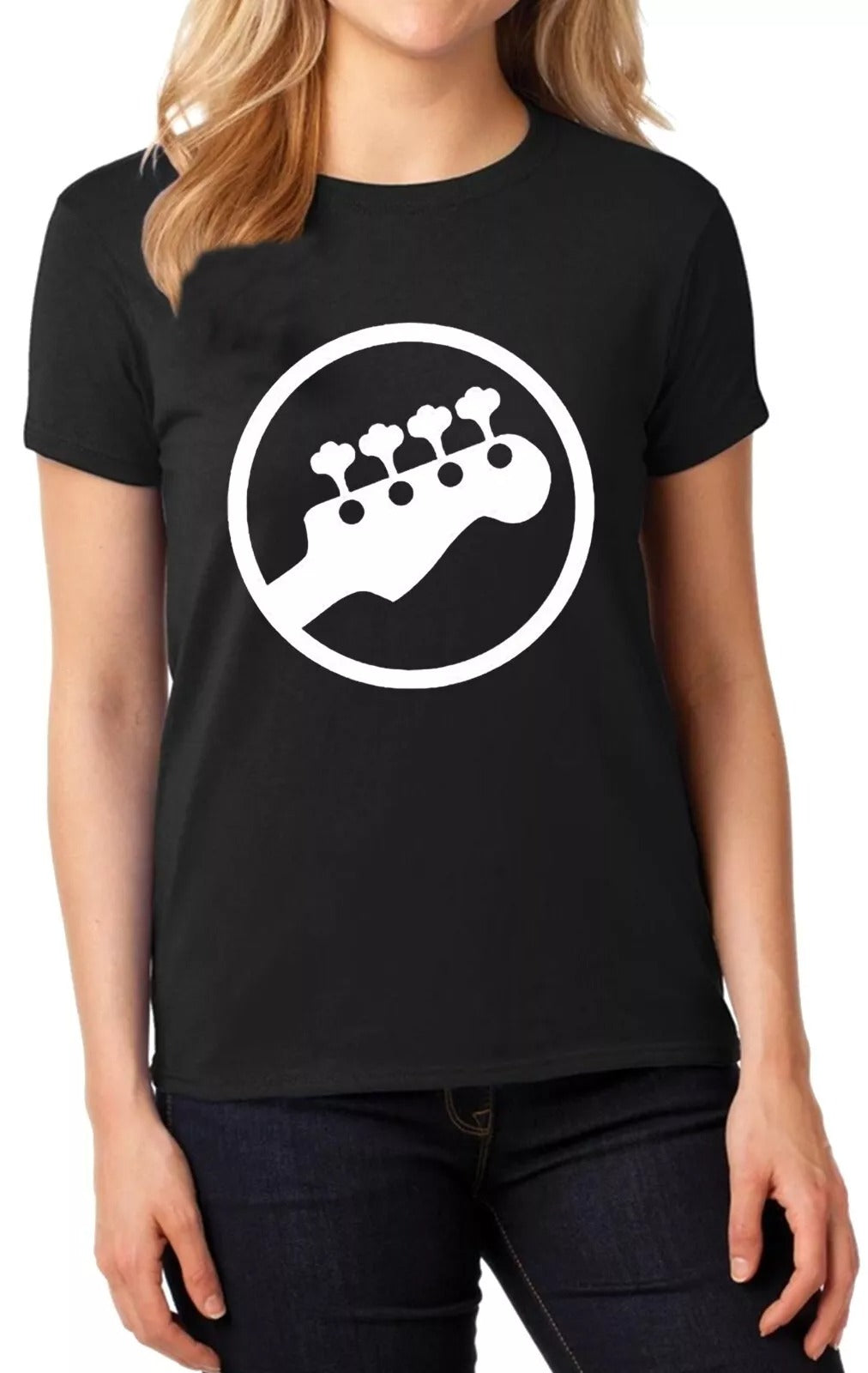 Bass Guitar Player Ladies T-Shirt BLACK T-SHIRT WHITE PRINT Bass Guitar Player Ladies T-Shirt