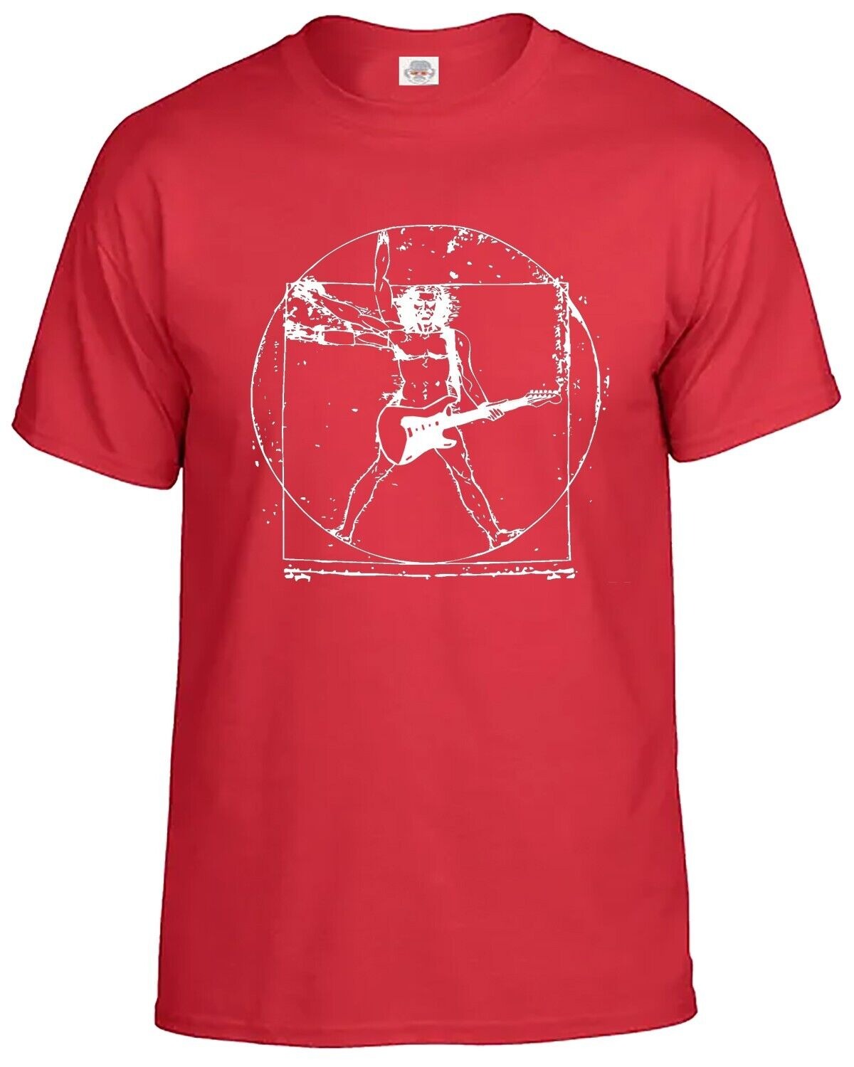 VITRUVIAN MAN GUITAR ROCK STAR | FUNNY MEN'S T-SHIRT RED T-SHIRT WHITE PRINT VITRUVIAN MAN GUITAR ROCK STAR | FUNNY MEN'S T-SHIRT