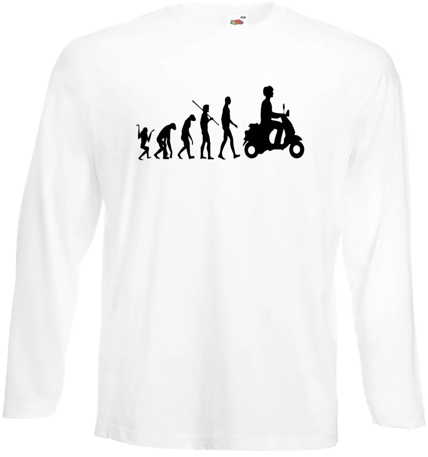 Evolution Of Vespa Scooter T-Shirt Long Sleeve WHITE LONG SLEEVE BLACK PRINT Evolution Of Vespa Scooter T-Shirt Long Sleeve