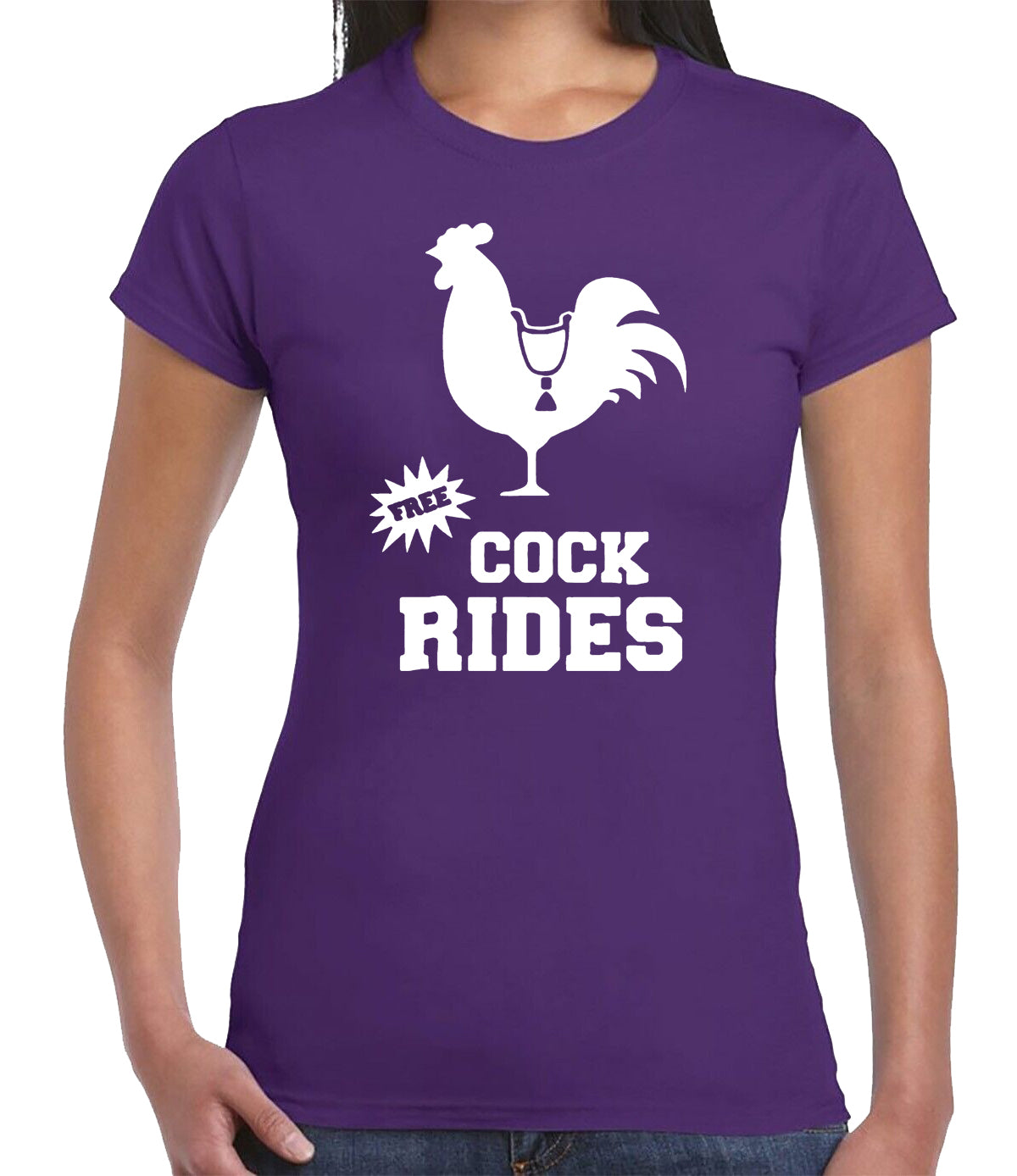 FREE COCK RIDES COCK PRINT | LADIES T-SHIRT PURPLE T-SHIRT WHITE PRINT FREE COCK RIDES COCK PRINT | LADIES T-SHIRT