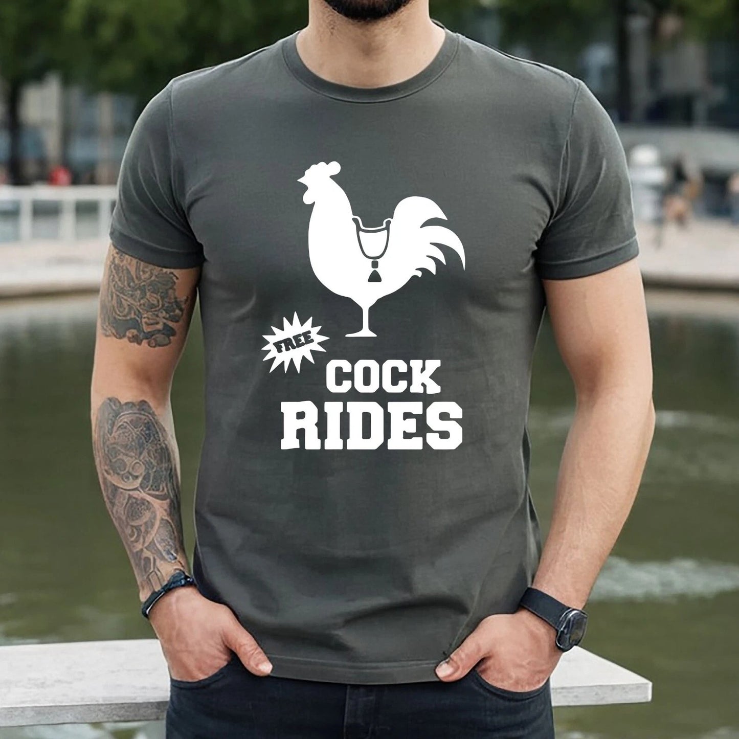 FREE COCK RIDES COCK PRINT | FUNNY MEN'S T-SHIRT CHARCOAL T-SHIRT WHITE PRINT FREE COCK RIDES COCK PRINT | FUNNY MEN'S T-SHIRT