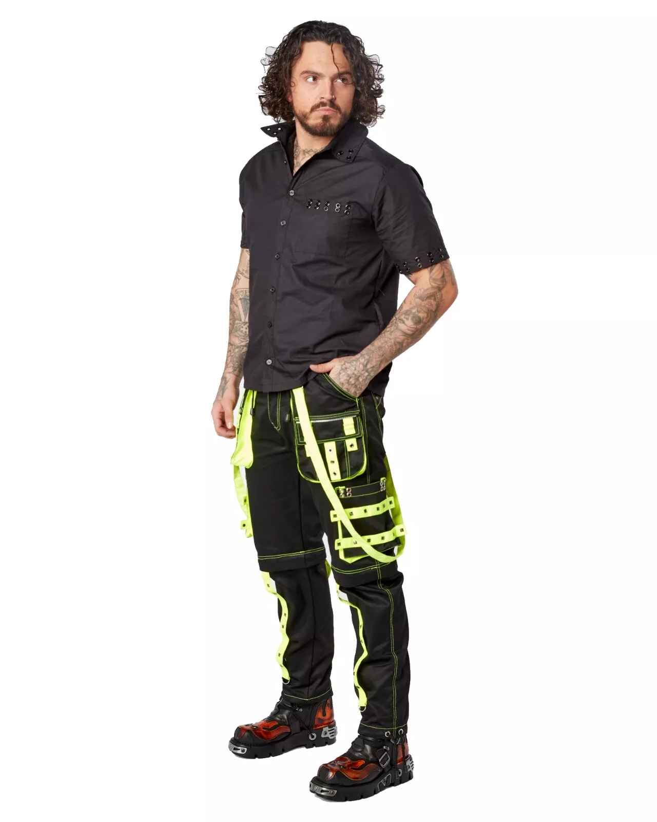 Darkwear Neon Green Cargo Pants with 6 Pockets for Goth Punk Metal Rock Style Darkwear Neon Green Cargo Pants with 6 Pockets for Goth Punk Metal Rock Style