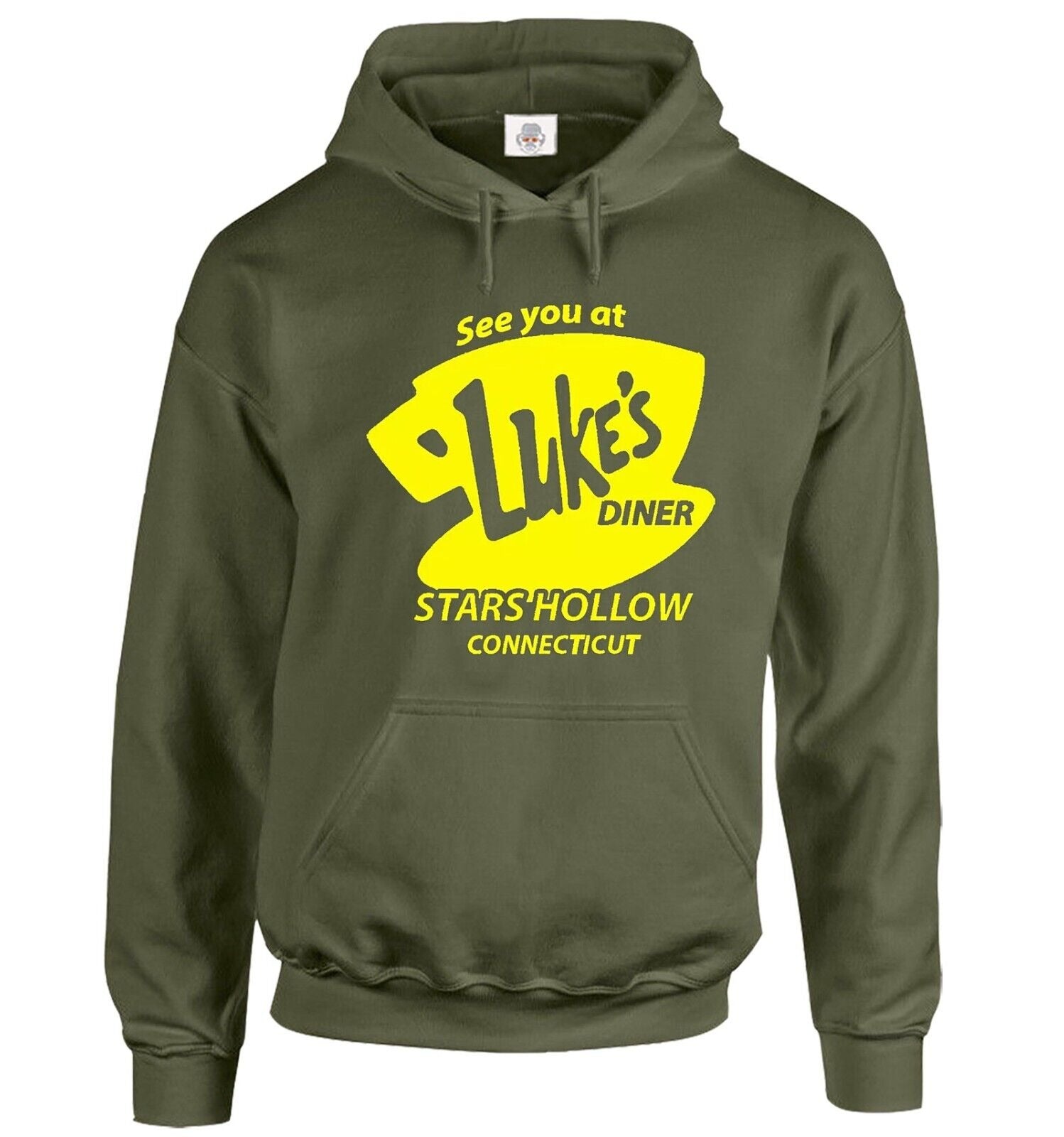 Luke's Diner Hoody Sweatshirt Funny Retro Men's OLIVE HOODY YELLOW PRINT Luke's Diner Hoody Sweatshirt Funny Retro Men's