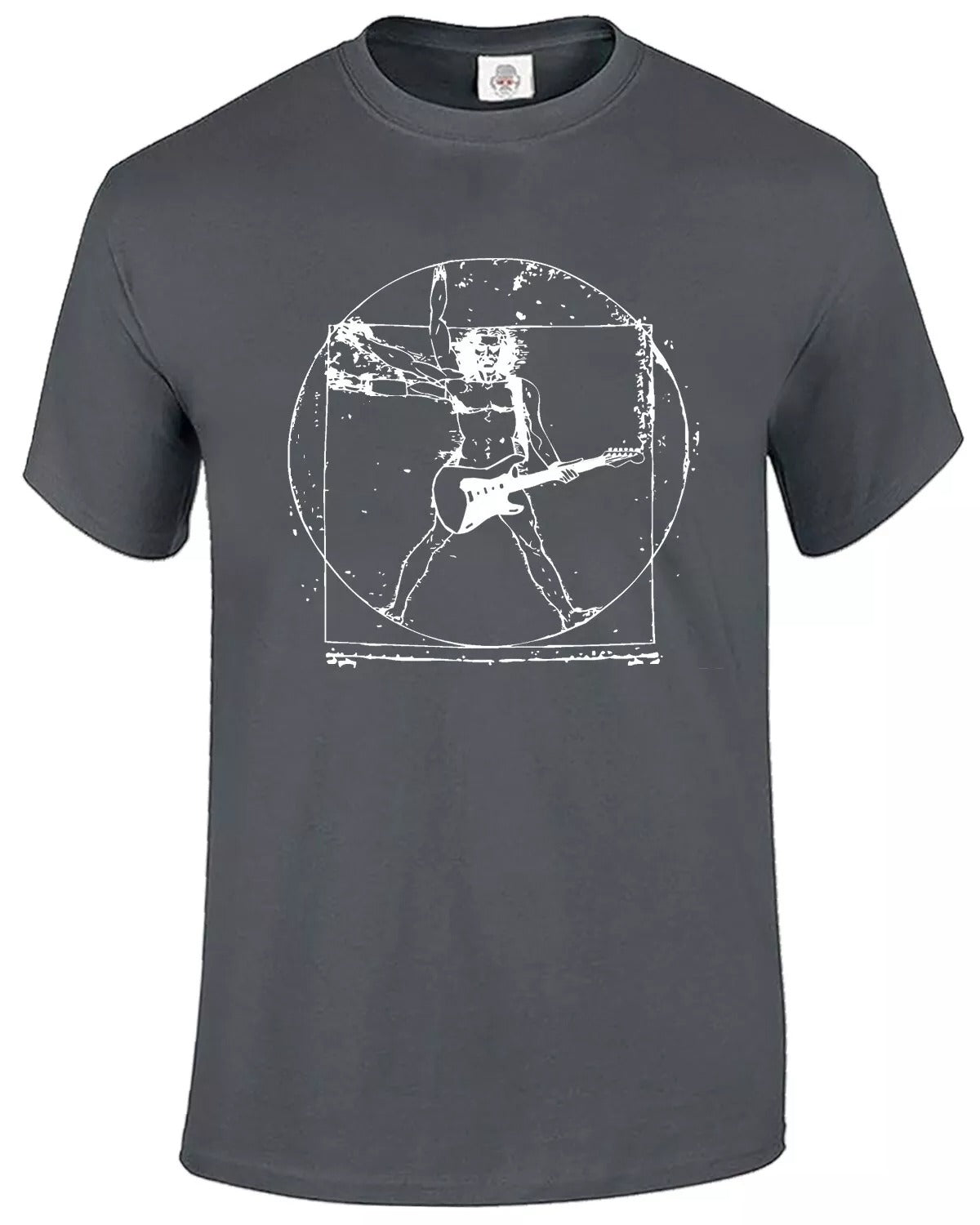 VITRUVIAN MAN GUITAR ROCK STAR | FUNNY MEN'S T-SHIRT CHARCOAL T-SHIRT WHITE PRINT VITRUVIAN MAN GUITAR ROCK STAR | FUNNY MEN'S T-SHIRT
