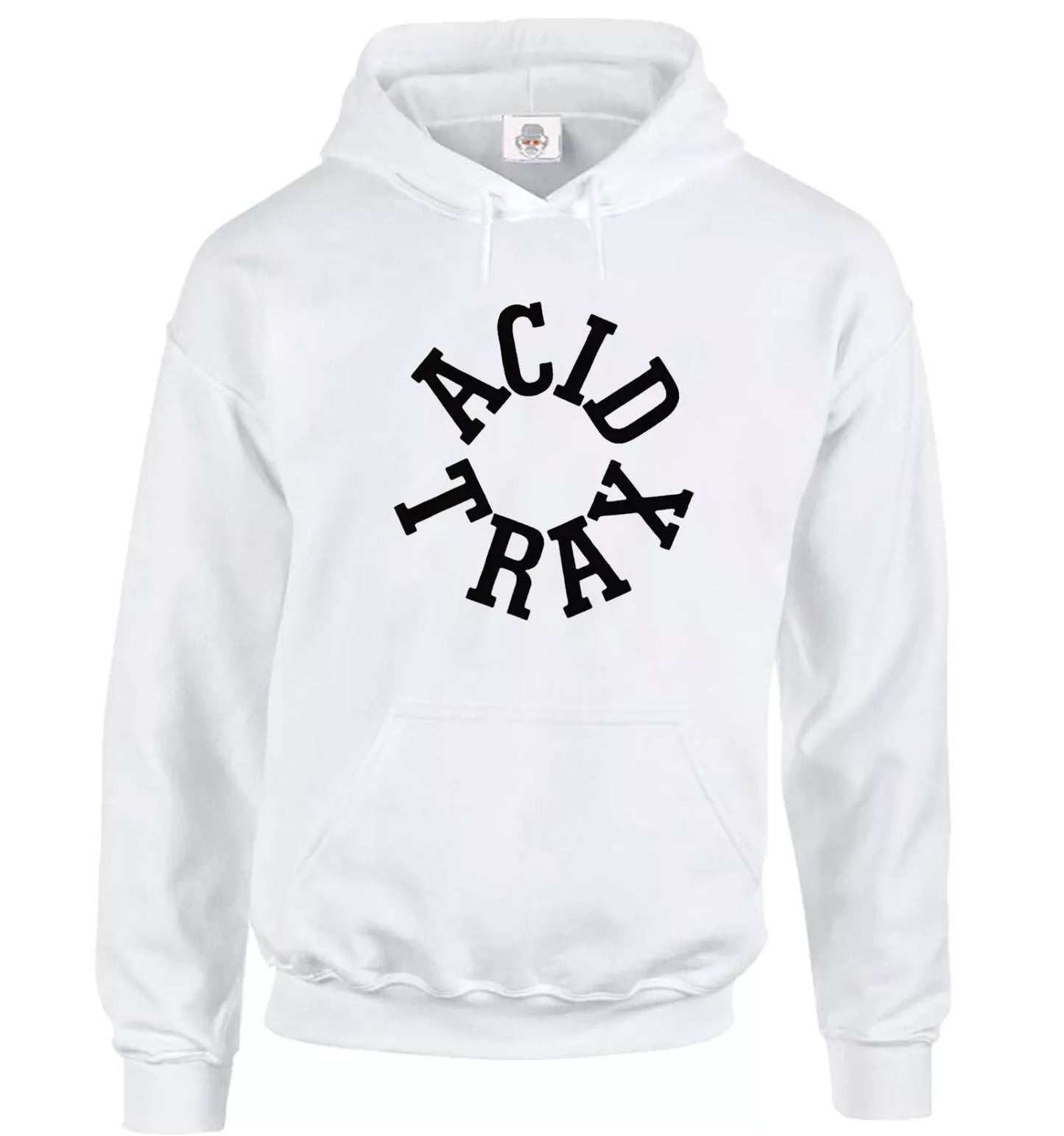 Acid Trax Hoody Sweatshirt Men's Hoodie WHITE HOODY BLACK PRINT Acid Trax Hoody Sweatshirt Men's Hoodie