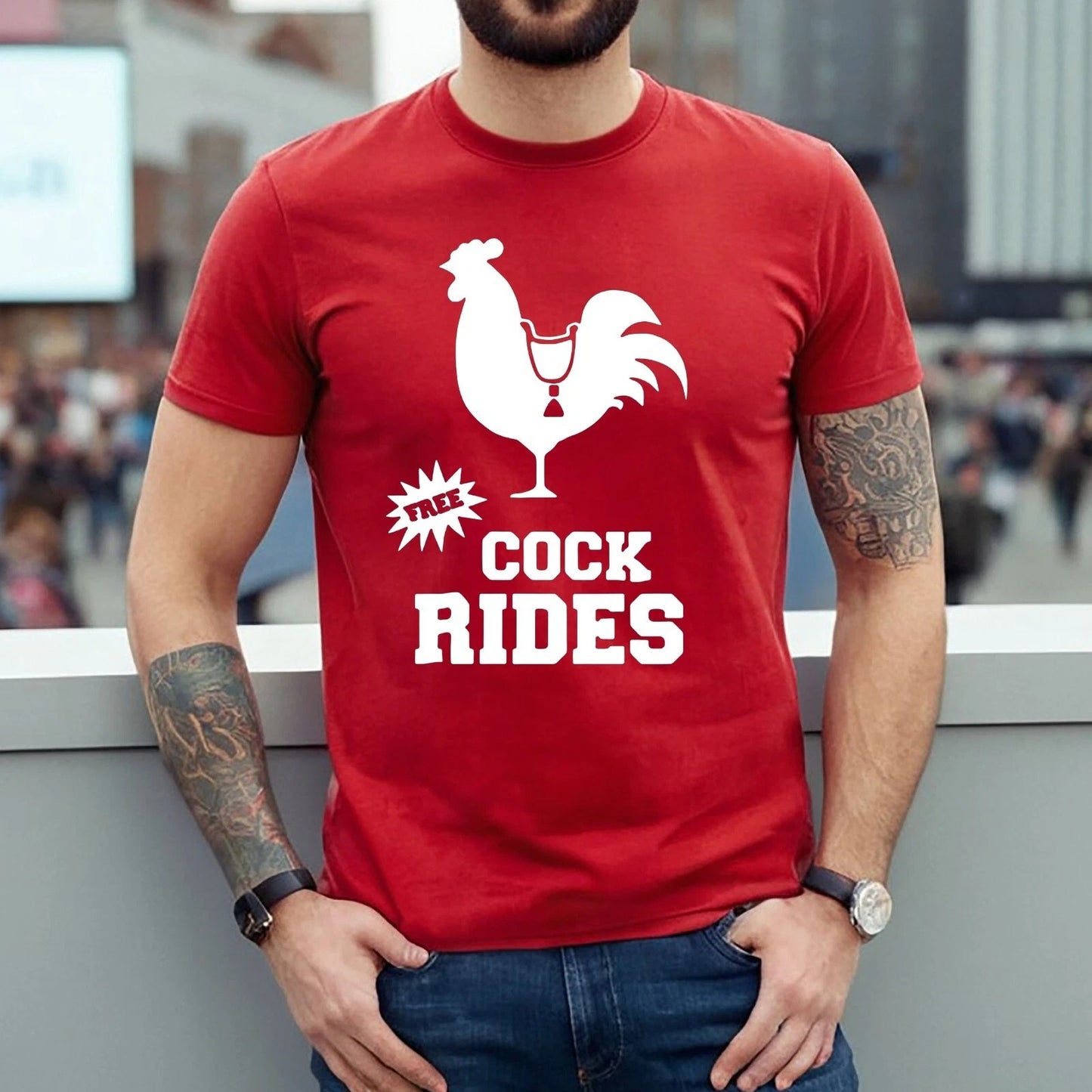 FREE COCK RIDES COCK PRINT | FUNNY MEN'S T-SHIRT RED T-SHIRT WHITE PRINT FREE COCK RIDES COCK PRINT | FUNNY MEN'S T-SHIRT