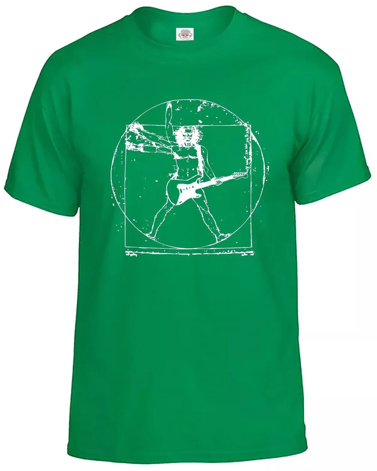 VITRUVIAN MAN GUITAR ROCK STAR | FUNNY MEN'S T-SHIRT IRISH GREEN T-SHIRT WHITE PRINT VITRUVIAN MAN GUITAR ROCK STAR | FUNNY MEN'S T-SHIRT