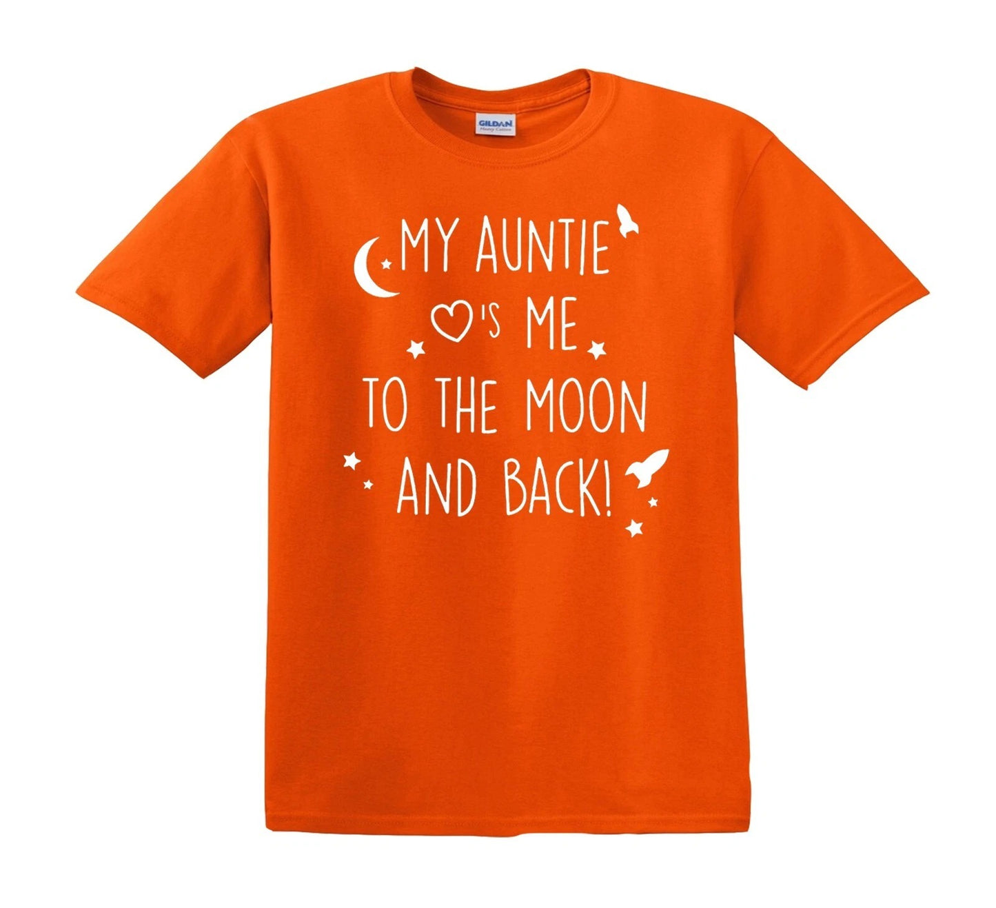 MY AUNTIE LOVE ME TO THE MOON | KID'S T-SHIRT ORANGE T-SHIRT WHITE PRINT MY AUNTIE LOVE ME TO THE MOON | KID'S T-SHIRT