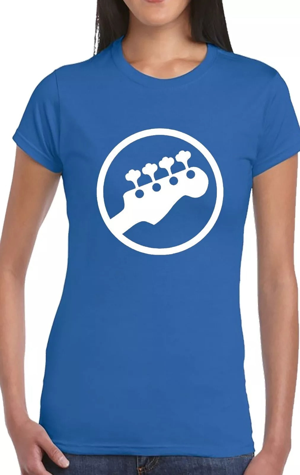 Bass Guitar Player Ladies T-Shirt ROYAL BLUE T-SHIRT WHITE PRINT Bass Guitar Player Ladies T-Shirt