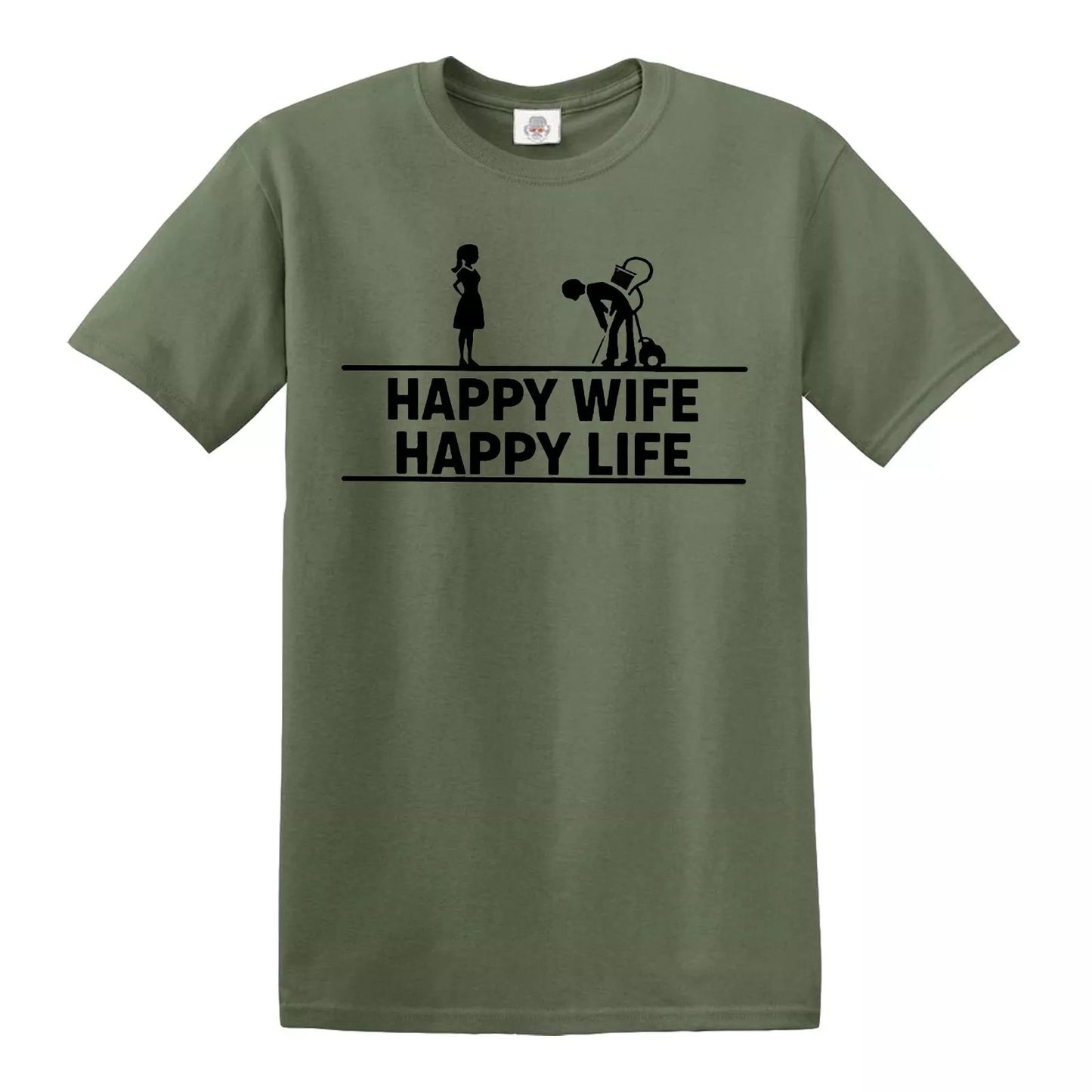 HAPPY WIFE HAPPY LIFE WIVES HUSBAND | MEN'S T-SHIRT MILITARY GREEN T-SHIRT BLACK PRINT HAPPY WIFE HAPPY LIFE WIVES HUSBAND | MEN'S T-SHIRT