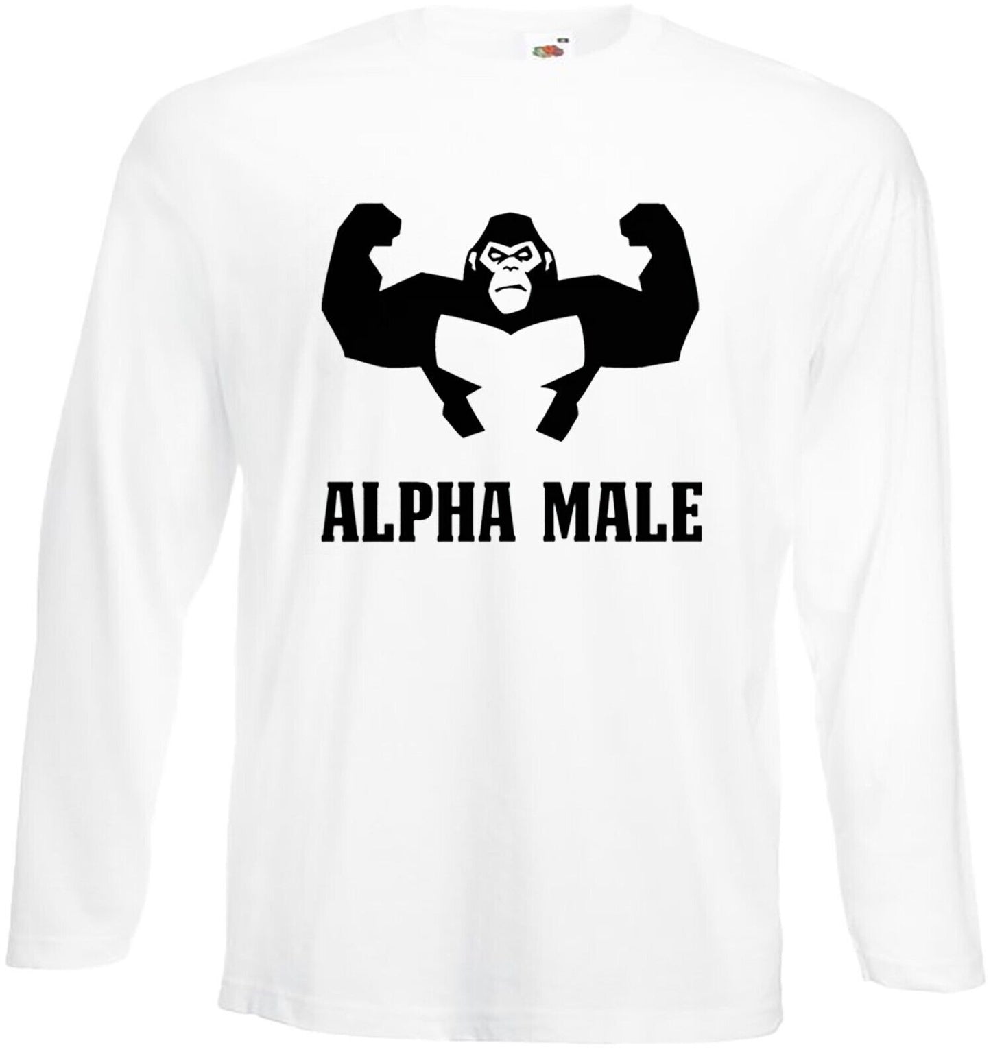 Alpha Male Gorilla Long Sleeve T-Shirt Men's WHITE LONG SLEEVE BLACK PRINT Alpha Male Gorilla Long Sleeve T-Shirt Men's