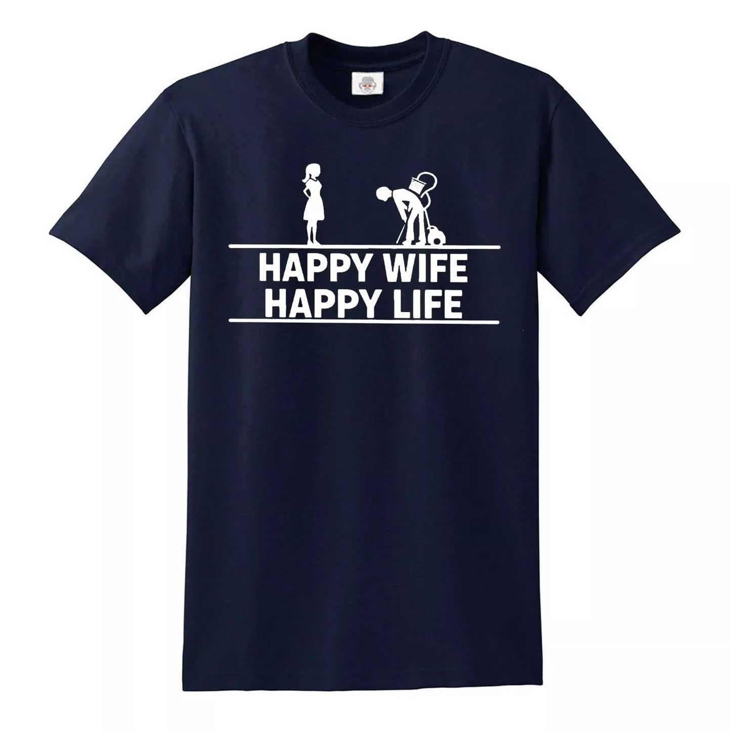 HAPPY WIFE HAPPY LIFE WIVES HUSBAND | MEN'S T-SHIRT NAVY T-SHIRT WHITE PRINT HAPPY WIFE HAPPY LIFE WIVES HUSBAND | MEN'S T-SHIRT