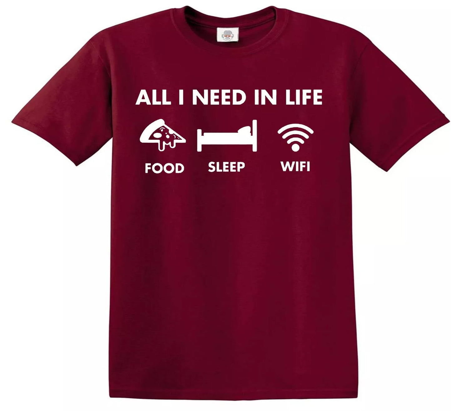 All I Need in Life Food Sleep WiFi | KID'S T-SHIRT MAROON T-SHIRT WHITE PRINT All I Need in Life Food Sleep WiFi | KID'S T-SHIRT