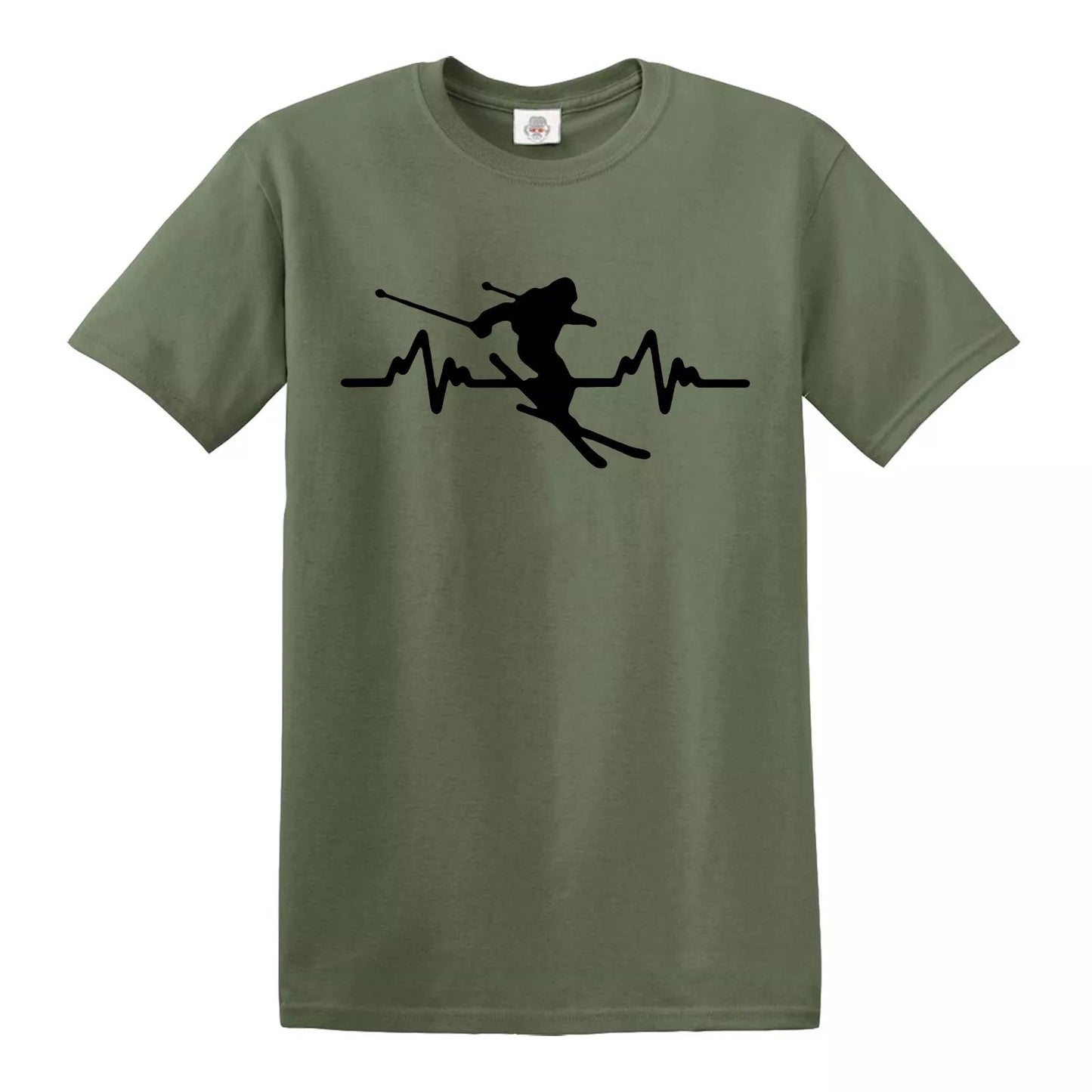 HEARTBEAT LOVE SKIING SKI SKIER | MEN'S T-SHIRT MILITARY GREEN T-SHIRT BLACK PRINT HEARTBEAT LOVE SKIING SKI SKIER | MEN'S T-SHIRT