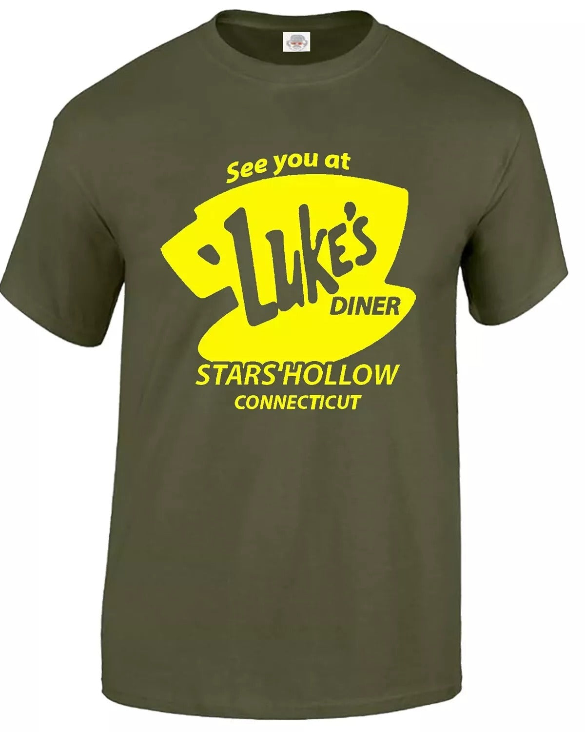 Luke's Diner T-Shirt Funny Retro Men's OLIVE T-SHIRT YELLOW PRINT Luke's Diner T-Shirt Funny Retro Men's
