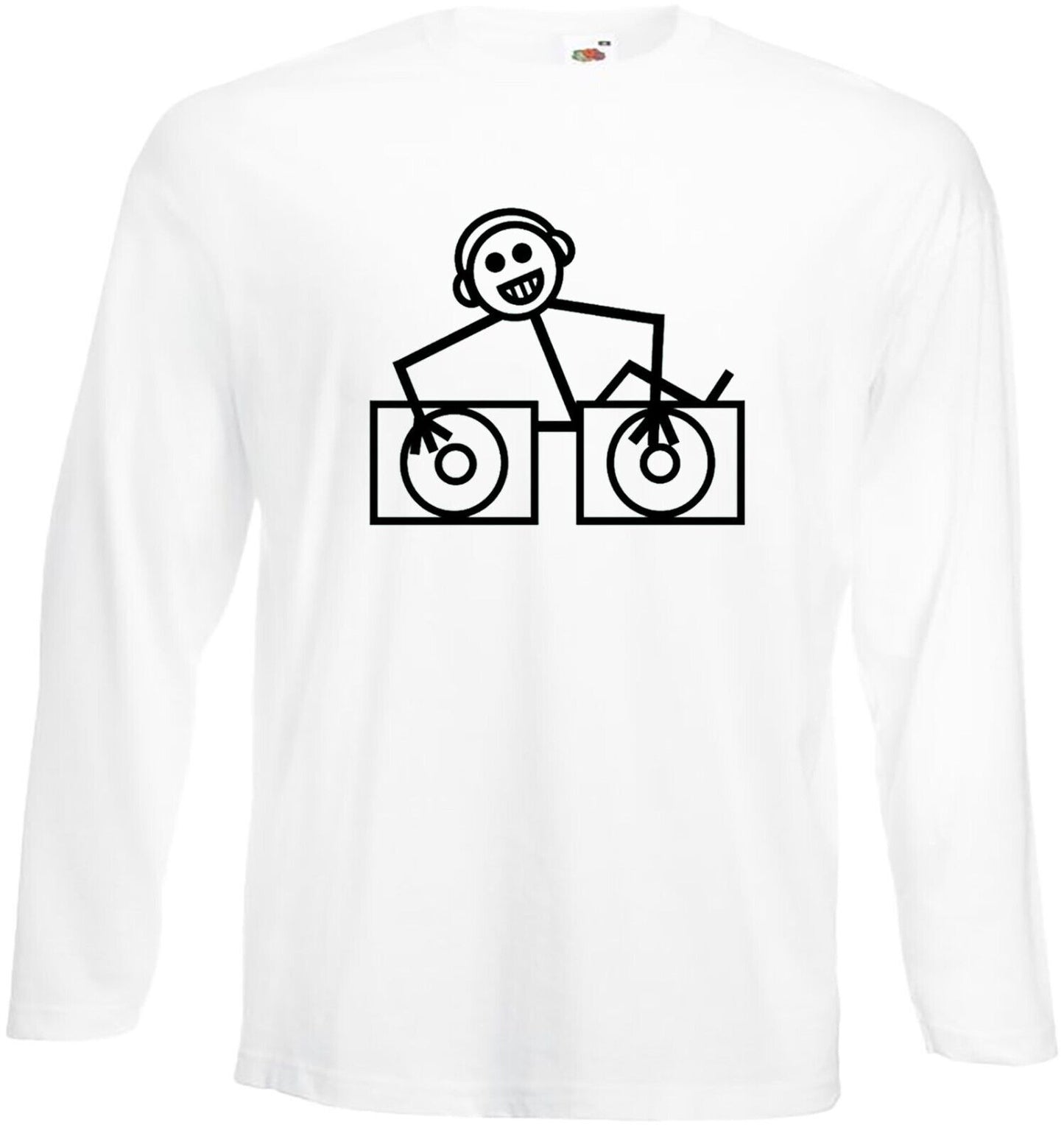 DJ Club Dance Long Sleeve T-Shirt Men's WHITE LONG SLEEVE BLACK PRINT DJ Club Dance Long Sleeve T-Shirt Men's