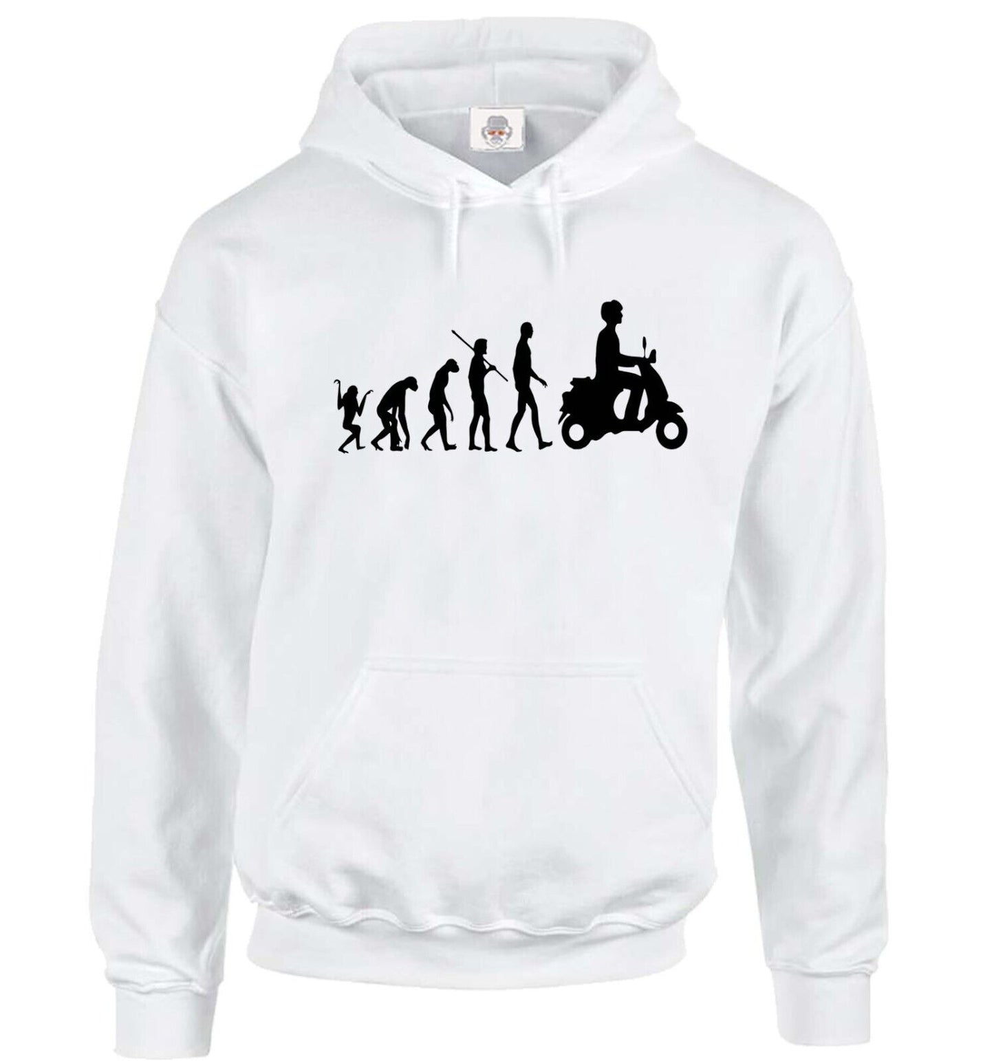 Evolution Of Vespa Scooter Hoody Sweatshirt WHITE HOODY BLACK PRINT Evolution Of Vespa Scooter Hoody Sweatshirt