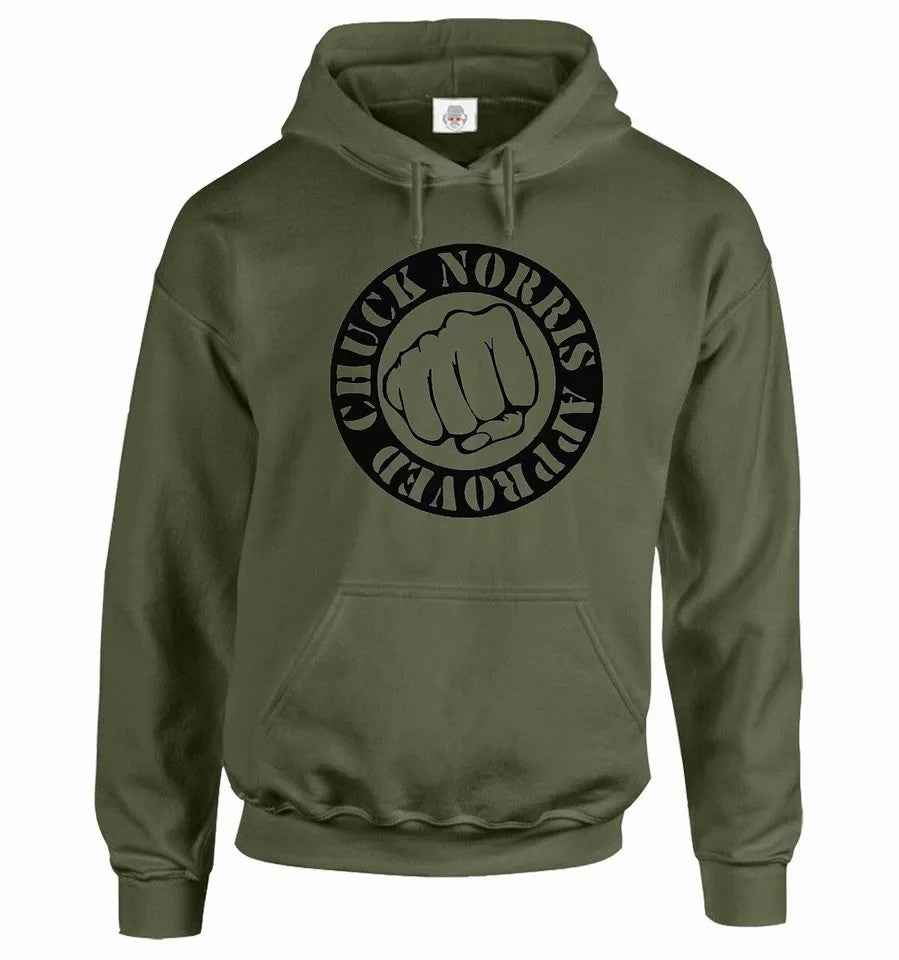 Chuck Norris Hoodie - Approved Men's Funny Martial Arts MMA Sweatshirt OLIVE HOODY BLACK PRINT Chuck Norris Hoodie - Approved Men's Funny Martial Arts MMA Sweatshirt