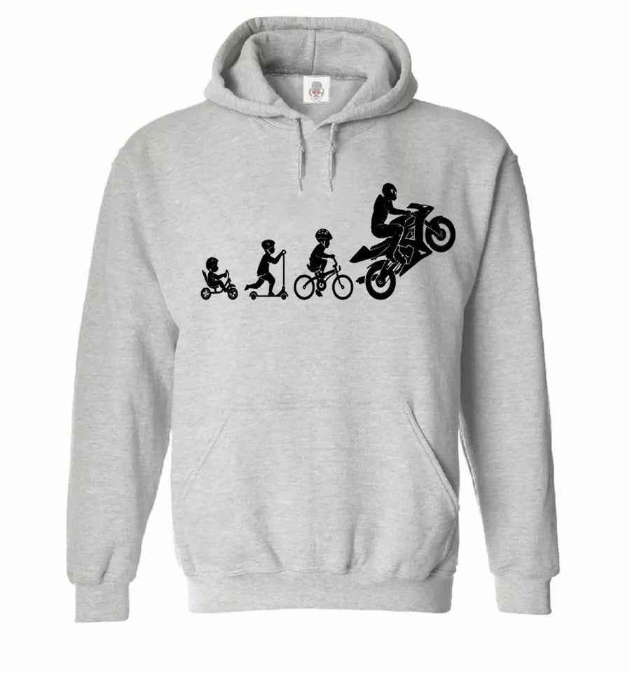 Motorbike Hoodie Evolution Hood Sweatshirt for Men - Funny Super Bike Motorcycle Biker Hoody SPORT GRAY HOODY BLACK PRINT Motorbike Hoodie Evolution Hood Sweatshirt for Men - Funny Super Bike Motorcycle Biker Hoody