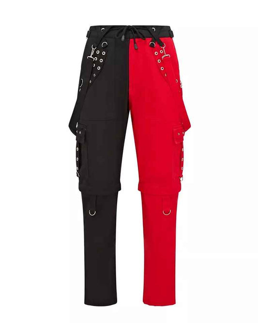 Darkwear Gothic Cyber Trousers Black & Red Legs with Chain Thread Bondage Metal Studs Darkwear Gothic Cyber Trousers Black & Red Legs with Chain Thread Bondage Metal Studs