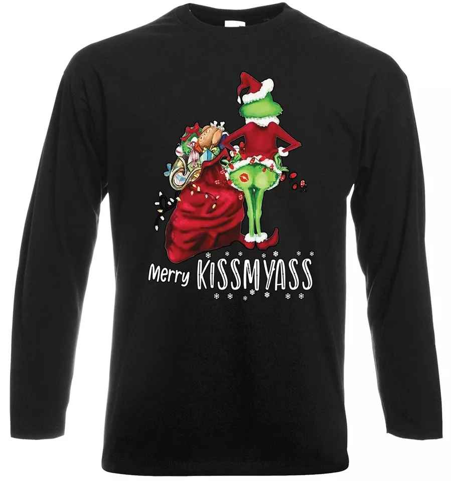 Merry Kissmyass Christmas Shirt Men's Long Sleeve T-Shirt with Santa Design Merry Kissmyass Christmas Shirt Men's Long Sleeve T-Shirt with Santa Design