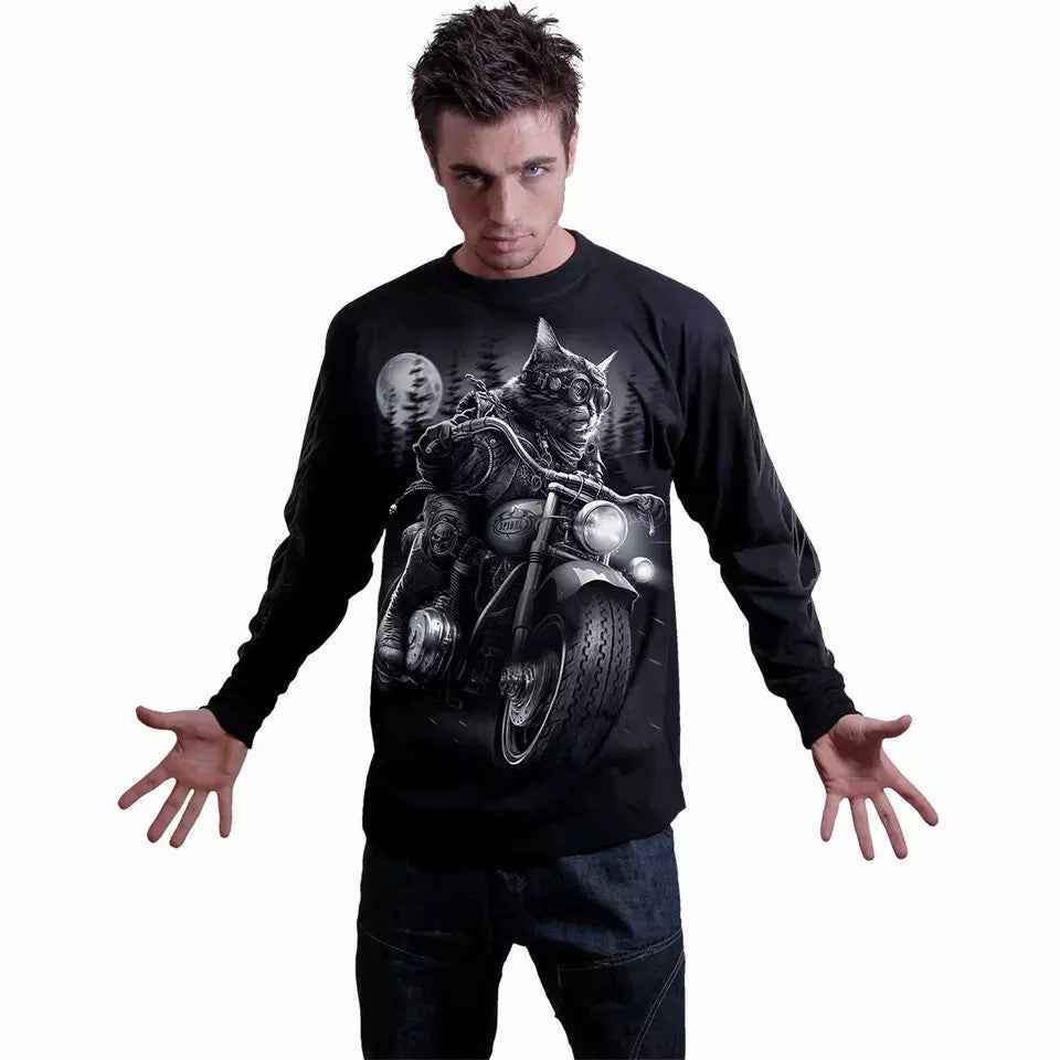 SPIRAL DIRECT Vampire Cat Long Sleeve T-Shirt - Nine Lives Biker Top Rout66 SPIRAL DIRECT Vampire Cat Long Sleeve T-Shirt - Nine Lives Biker Top Rout66