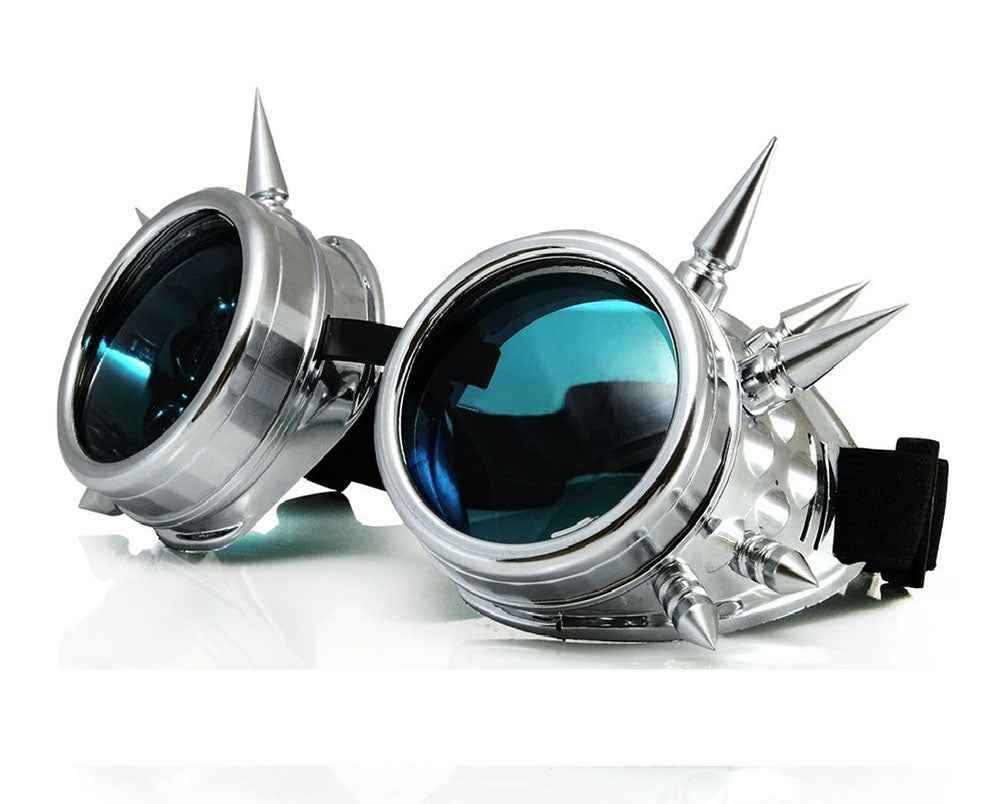 STEAMPUNK WELDING GOGGLES WITH SPIKES - SILVER BLUE LENS STEAMPUNK WELDING GOGGLES WITH SPIKES - SILVER BLUE LENS