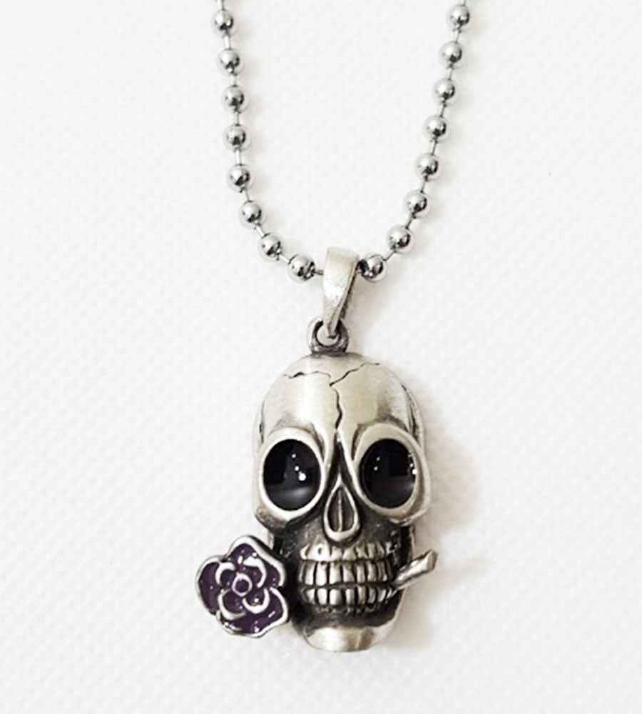 Rose Skull Pendant - Purple Antique Pewter with Ball Chain Rose Skull Pendant - Purple Antique Pewter with Ball Chain
