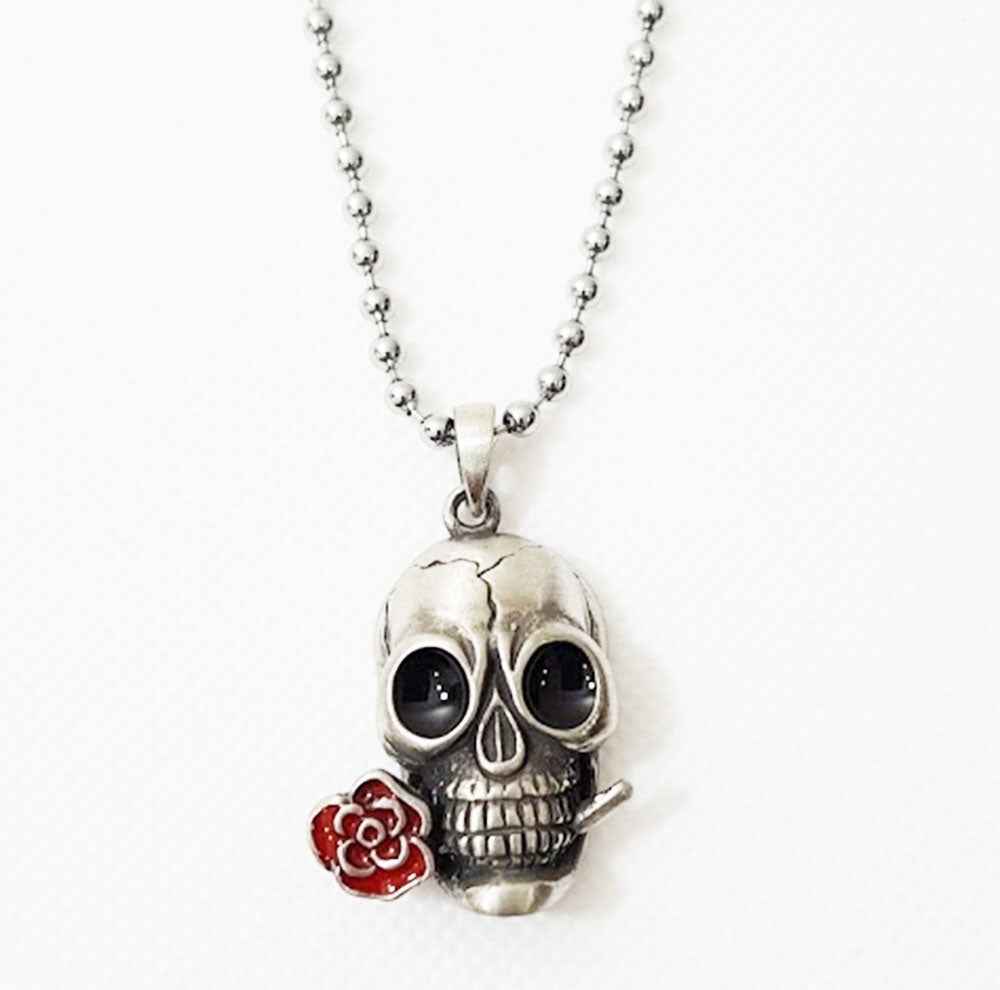 ROSE SKULL PENDANT - RED ROSE ANTIQUE PEWTER PENDANT WITH BALL CHAIN ROSE SKULL PENDANT - RED ROSE ANTIQUE PEWTER PENDANT WITH BALL CHAIN
