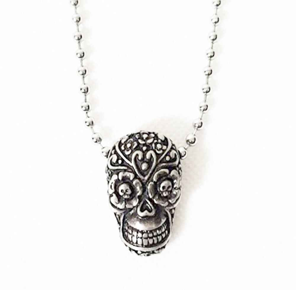 SUGAR SKULL PEWTER PENDANT WITH BALL CHAIN - ANTIQUE STYLE SUGAR SKULL PEWTER PENDANT WITH BALL CHAIN - ANTIQUE STYLE