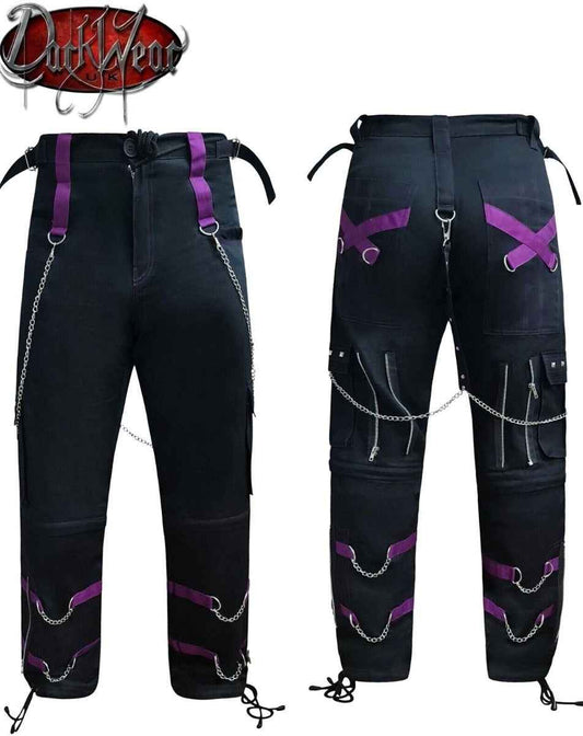 BLACK AND PURPLE GOTHIC CHAIN TROUSERS - Stylish Gothic Chain Trousers for Unique Fashion BLACK AND PURPLE GOTHIC CHAIN TROUSERS - Stylish Gothic Chain Trousers for Unique Fashion