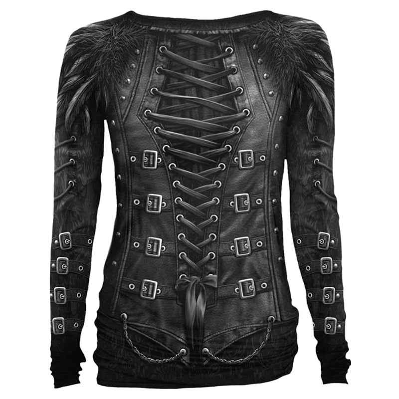 Gothic Long Sleeve Black Top - GOTHESS Wrap Allover Design Gothic Long Sleeve Black Top - GOTHESS Wrap Allover Design
