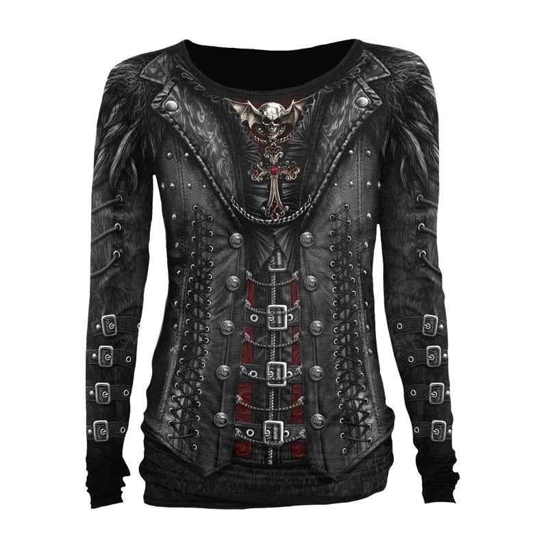 Gothic Long Sleeve Black Top - GOTHESS Wrap Allover Design Gothic Long Sleeve Black Top - GOTHESS Wrap Allover Design