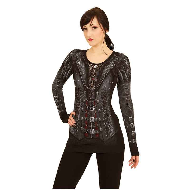 Gothic Long Sleeve Black Top - GOTHESS Wrap Allover Design Gothic Long Sleeve Black Top - GOTHESS Wrap Allover Design