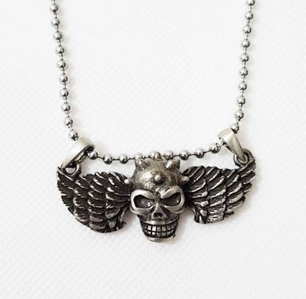 WINGED SKULL PENDANT - ANTIQUE PEWTER WITH BALL CHAIN WINGED SKULL PENDANT - ANTIQUE PEWTER WITH BALL CHAIN