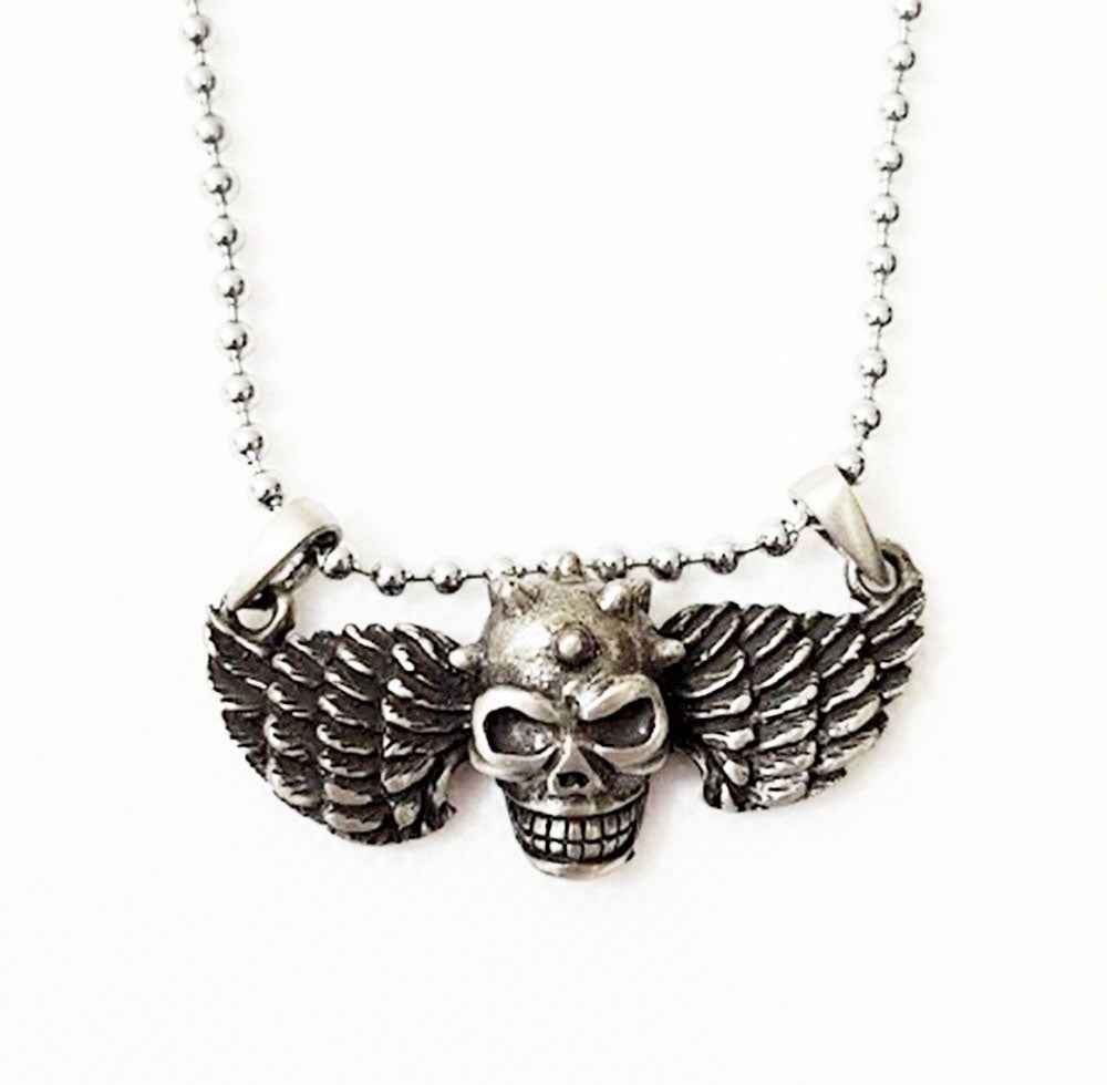 WINGED SKULL PENDANT - ANTIQUE PEWTER WITH BALL CHAIN WINGED SKULL PENDANT - ANTIQUE PEWTER WITH BALL CHAIN