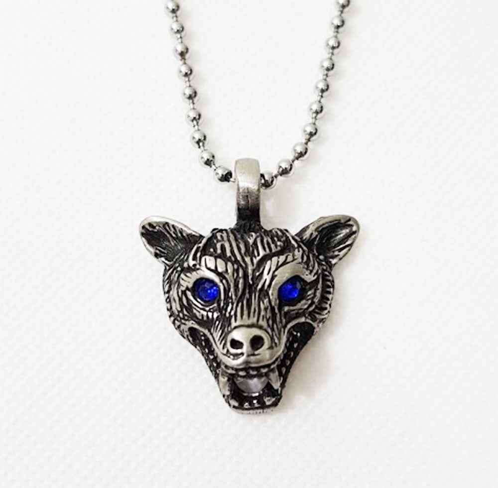 WOLF HEAD PENDANT BLUE EYES - ANTIQUE PEWTER WITH BALL CHAIN WOLF HEAD PENDANT BLUE EYES - ANTIQUE PEWTER WITH BALL CHAIN