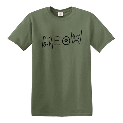 MEOW CAT | CAT PRINT MEN'S T-SHIRT MILITARY GREEN T-SHIRT BLACK PRINT MEOW CAT | CAT PRINT MEN'S T-SHIRT