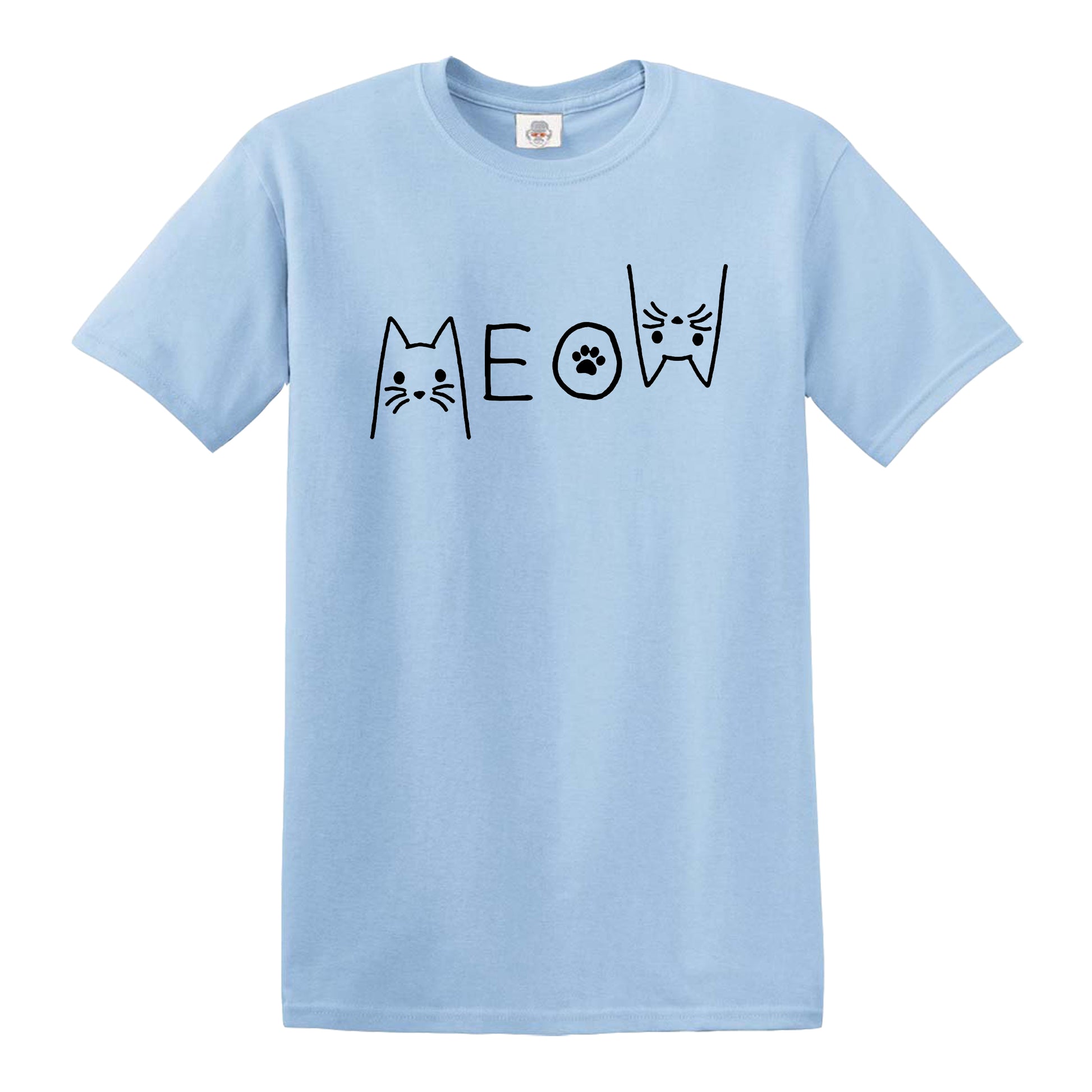 MEOW CAT | CAT PRINT MEN'S T-SHIRT SKY BLUE T-SHIRT BLACK PRINT MEOW CAT | CAT PRINT MEN'S T-SHIRT