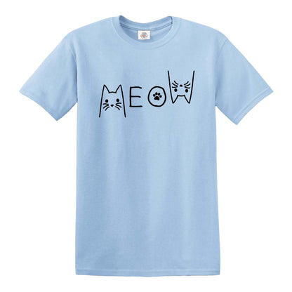 MEOW CAT | CAT PRINT MEN'S T-SHIRT SKY BLUE T-SHIRT BLACK PRINT MEOW CAT | CAT PRINT MEN'S T-SHIRT