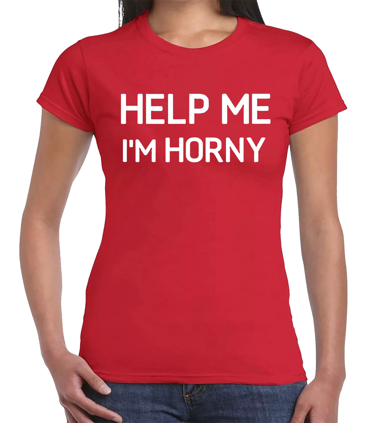 HELP ME I'M HORNY | LADIES T-SHIRT RED T-SHIRT WHITE PRINT HELP ME I'M HORNY | LADIES T-SHIRT