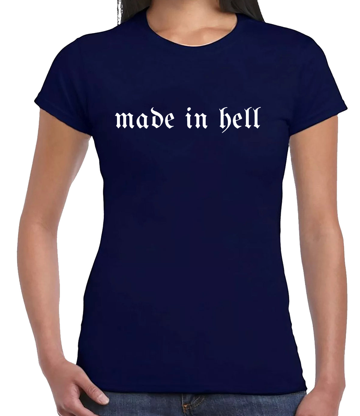 MADE IN HELL GRAPHIC TEE | LADIES T-SHIRT NAVY T-SHIRT WHITE PRINT MADE IN HELL GRAPHIC TEE | LADIES T-SHIRT